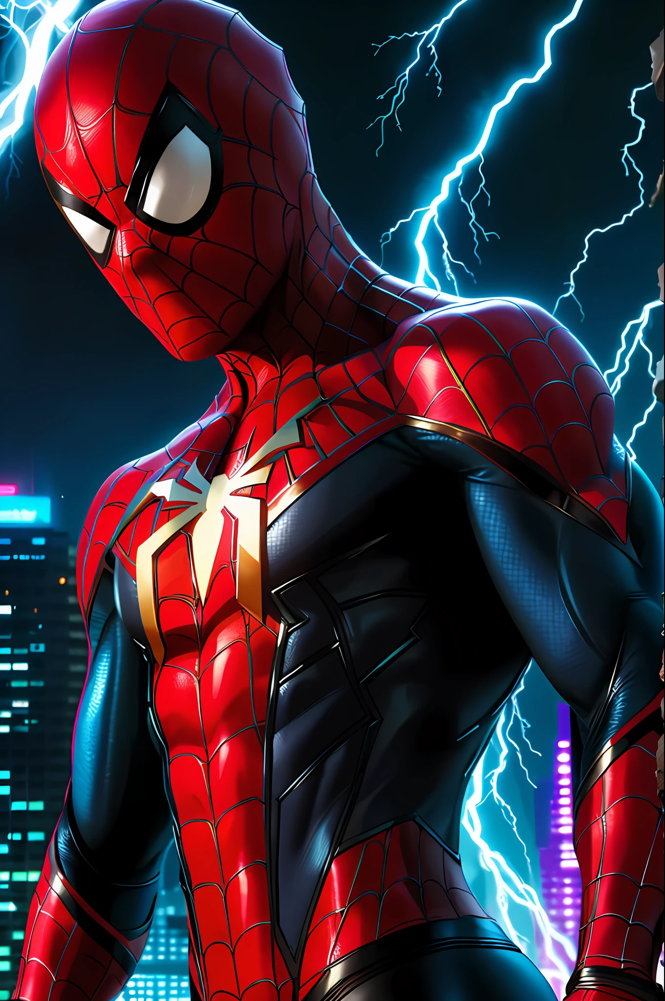 (close-up:1.2), Spider-Man from Marvel, neon lights, glowing colors, backlight, glowing outlines, outline, gold highlights, cobwebs, dripping blood, elegant, toned, fashionable, macho, lightning in the background, storm, tornado, Disney artworks, Unreal Engine, ArtStation, Detailed, Digital painting, Cinematic, Unreal 5, DAZ, Hyperrealistic, Octane rendering,