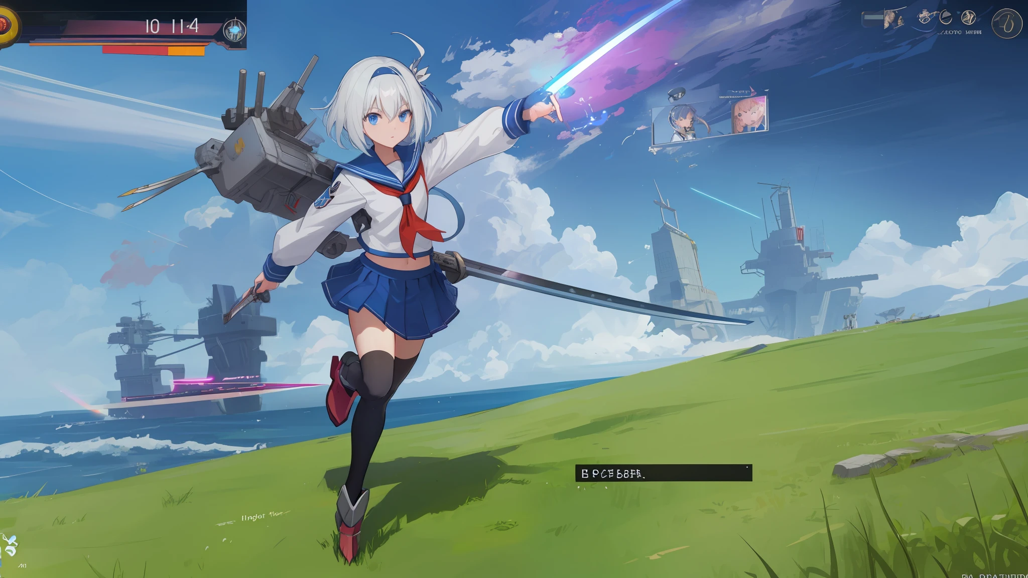 arafed image of a girl in a school uniform holding a sword, in-game, in - game, gameplay screenshot with ui, in - game screen shot, battroid mode, gear aurora, screen capture, pc screenshot, ingame image, kantai collection arcade, insanity girl summon her death, hd screenshot, inspired by Li Chevalier, screen cap