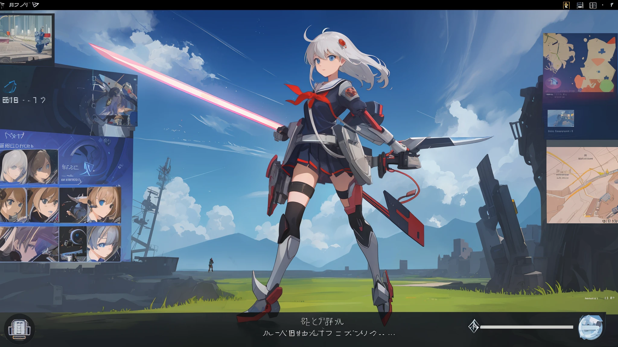 arafed image of a girl in a school uniform holding a sword, in-game, in - game, gameplay screenshot with ui, in - game screen shot, battroid mode, gear aurora, screen capture, pc screenshot, ingame image, kantai collection arcade, insanity girl summon her death, hd screenshot, inspired by Li Chevalier, screen cap