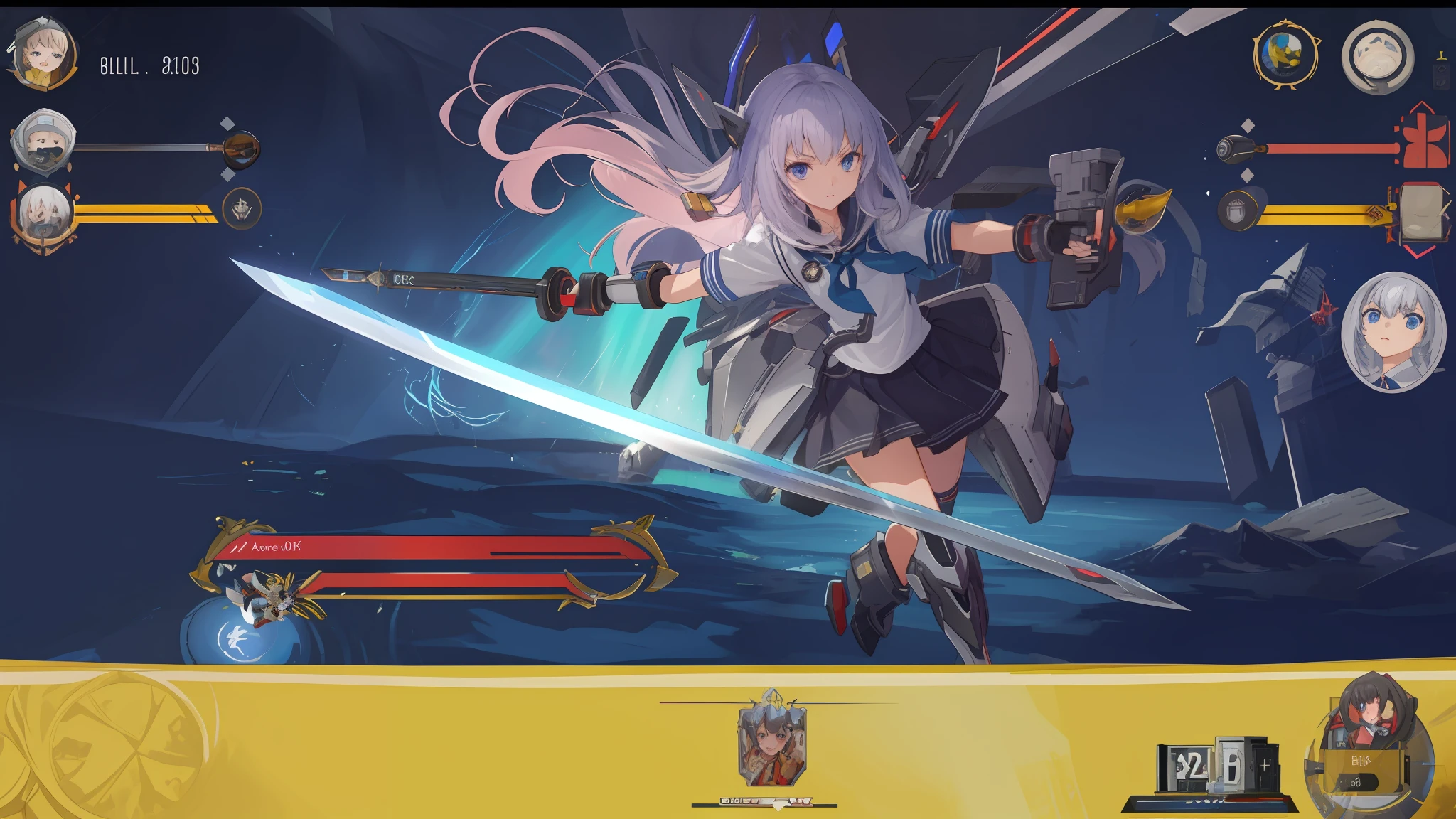 arafed image of a girl in a school uniform holding a sword, in-game, in - game, gameplay screenshot with ui, in - game screen shot, battroid mode, gear aurora, screen capture, pc screenshot, ingame image, kantai collection arcade, insanity girl summon her death, hd screenshot, inspired by Li Chevalier, screen cap