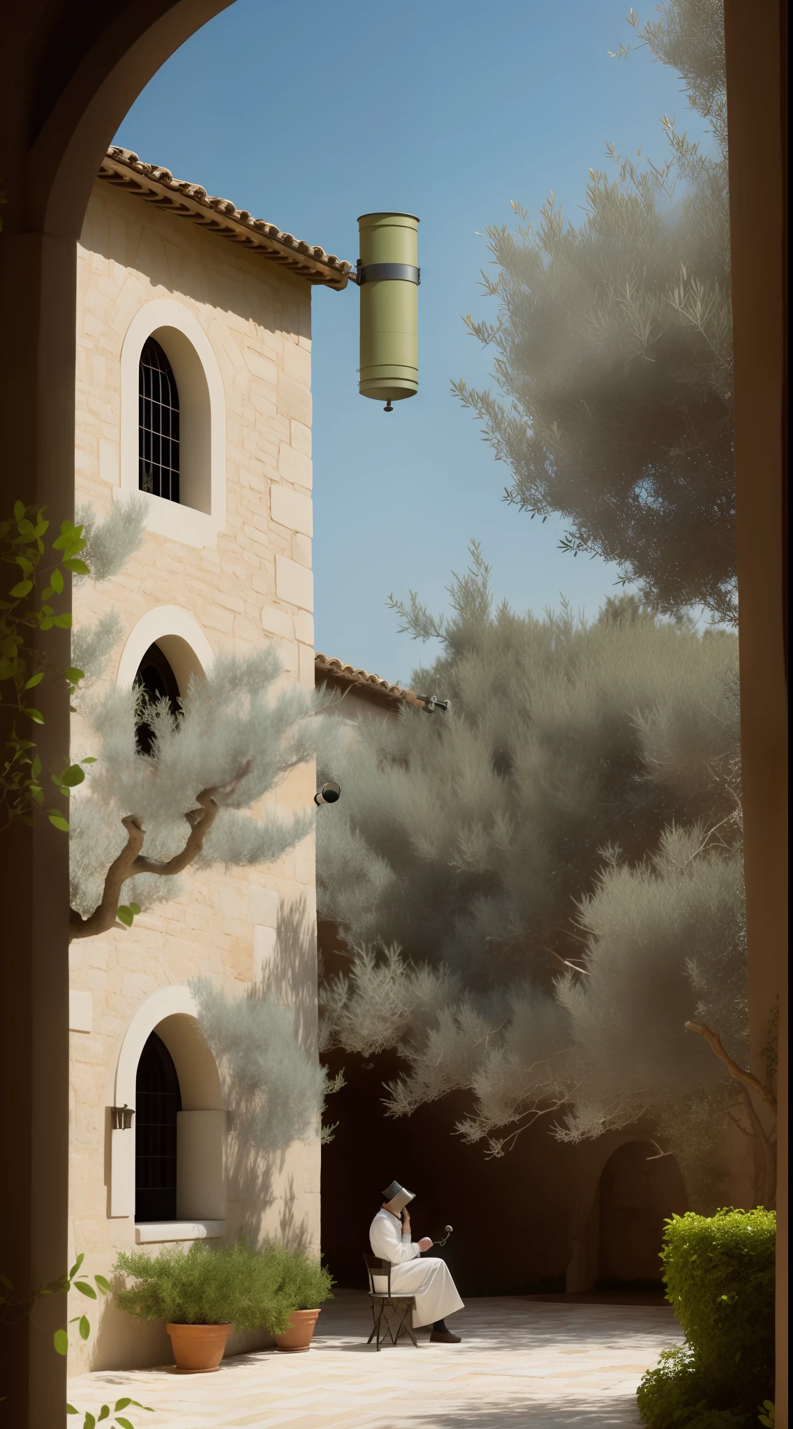 (best quality, ultra high res, CGI, official art by Greg Rutkowski:1.2), Galileo Galilei, resilient and reflective, (16th-century attire:1.2), casting long shadows in the moonlight, his Italian villa as the backdrop, aged stonework, weathered shutters, (vintage telescope amidst the garden:1.4), crickets chirping, tranquil solitude, surrounded by lush, moonlit greenery, olive trees, wisteria blooms, lonely atmosphere, cool colors, side view, looking up at the cosmos.