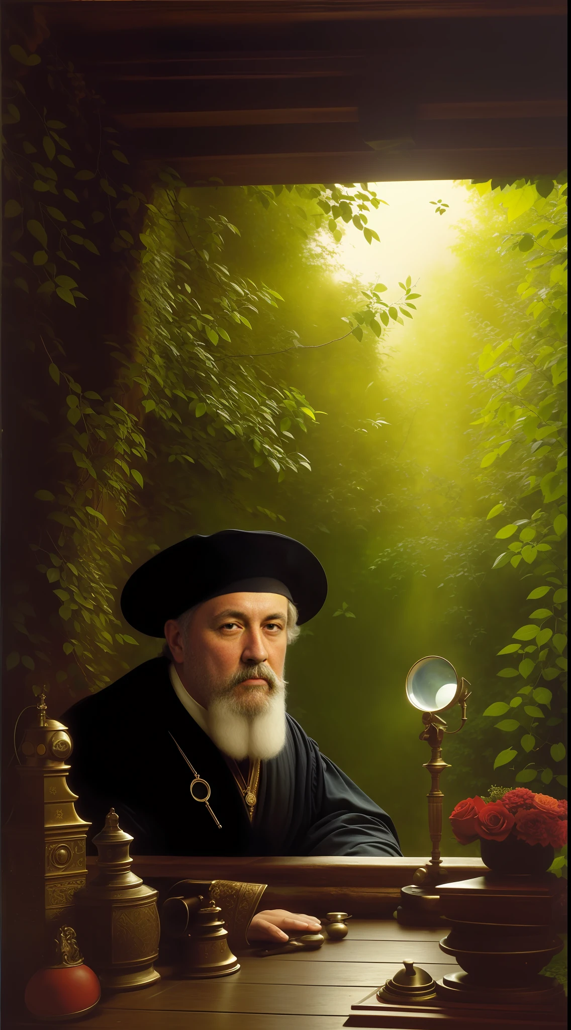 (masterpiece, UHD, digital art, detailed by Greg Rutkowski:1.3), Galileo Galilei, deeply immersed, (16th-century attire:1.2), preparing to observe the heavens, his villa in Italy, softly lit windows, cobblestone path, (antique telescope set up in the garden:1.4), surrounded by whispering leaves, lush topiaries, star-kissed flowers, dark and tranquil atmosphere, cool colors, extreme close-up, looking down in anticipation.