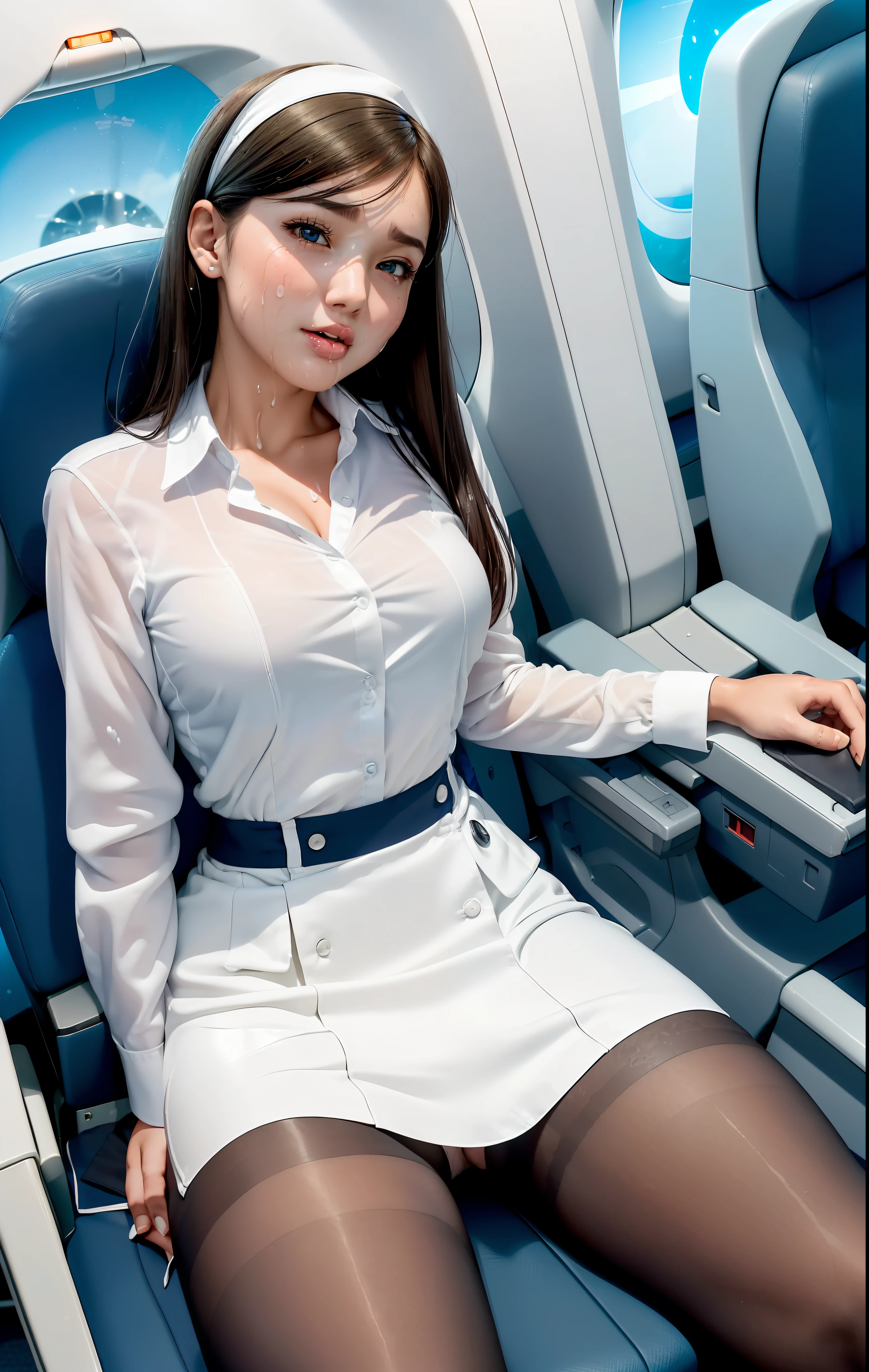 view from above, (wide shot:1.5), (full figure:1.5), 1 girl, (solo:1.5), (sit on a chair with your legs wide apart:1.5),  ((((From the side, you can see the view outside the window and the airport. The customer seats are arranged in a row behind the flight attendant seats. The bright lights shine inside the plane))), The background of the interior of the aircraft being prepared, the woman is sitting in the flight attendant seat and preparing for takeoff. Her outfit is a pretty flight attendant. she unbuttons her white shirt and reveals a bra. she wears a skirt, upskirt with pantyhose and white panties. His body is wet with sweat. Her skin looks smooth, she has taken an aphrodisiac, and her whole body is sweaty and flushed, and she is spreading her legs to cool off. Her legs are lifted, (ahegao:1.2), (head back:1.2)