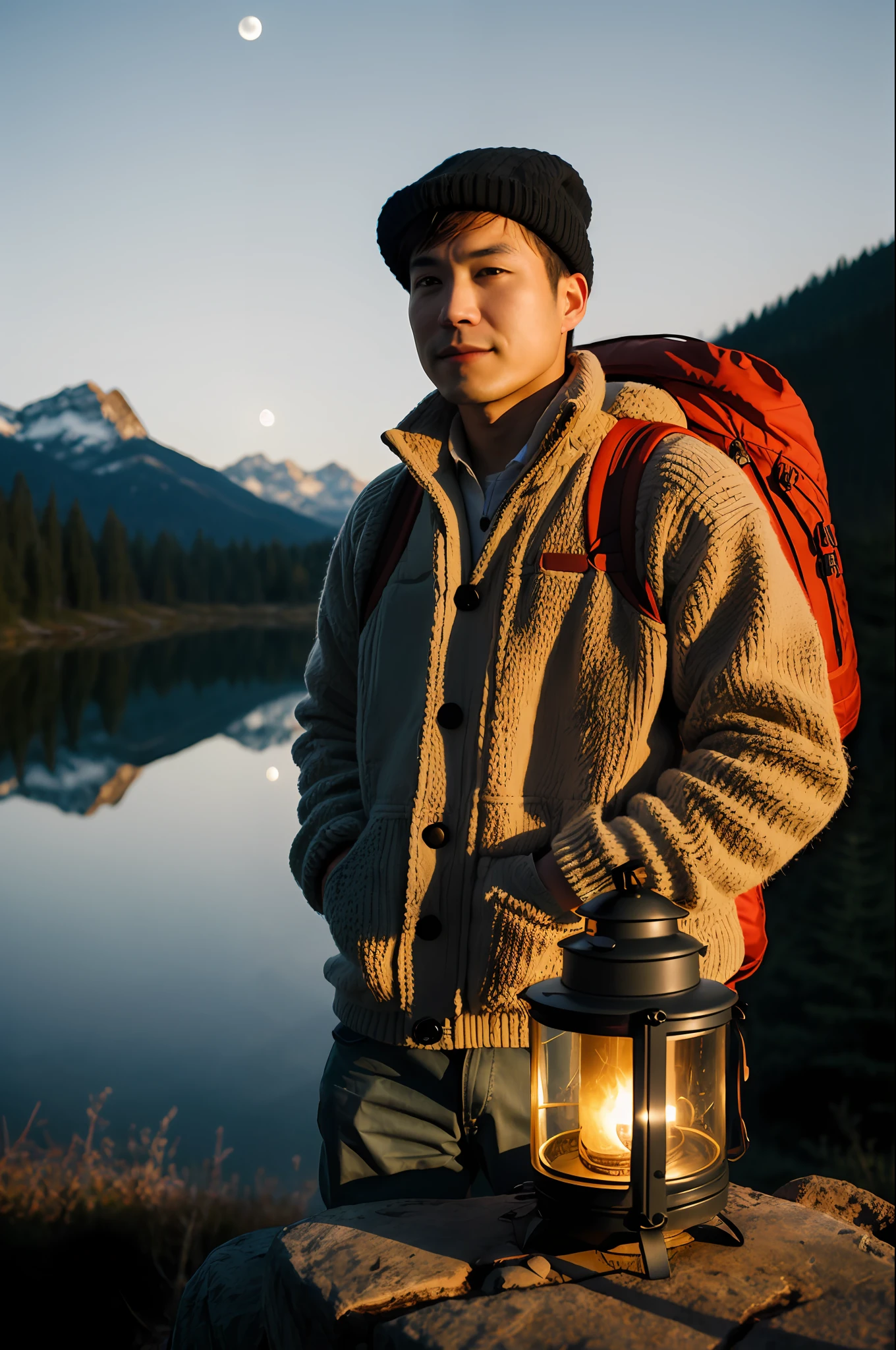 1 Asian man ((selfie of upper body, happy)), masterpiece, top quality, super detail, ground, outdoor, (night), mountain, nature, (stars, moon) cheerful, happy, backpack, bag sleeping, camping stove, water bottle, mountain boots, gloves, sweater, hat, lantern, forest, stone, river, wood, smoke, shadow, contrast, clear sky, style, (warm shades, warm tones)