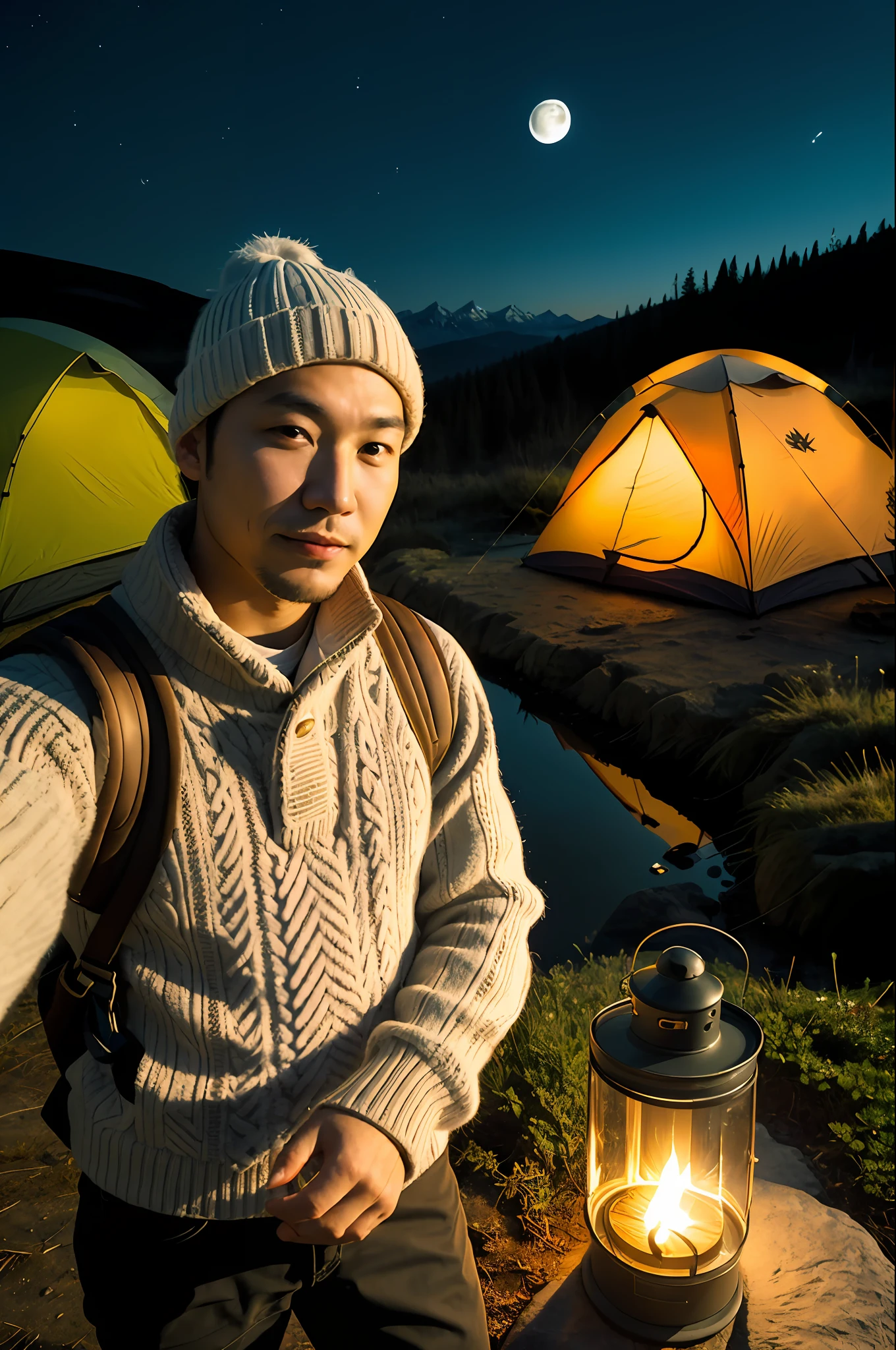 1 Asian man ((selfie of upper body, happy)), masterpiece, top quality, super detail, ground, outdoor, (night), mountain, nature, (stars, moon) cheerful, happy, backpack, bag sleeping, camping stove, water bottle, mountain boots, gloves, sweater, hat, lantern, forest, stone, river, wood, smoke, shadow, contrast, clear sky, style, (warm shades, warm tones)
