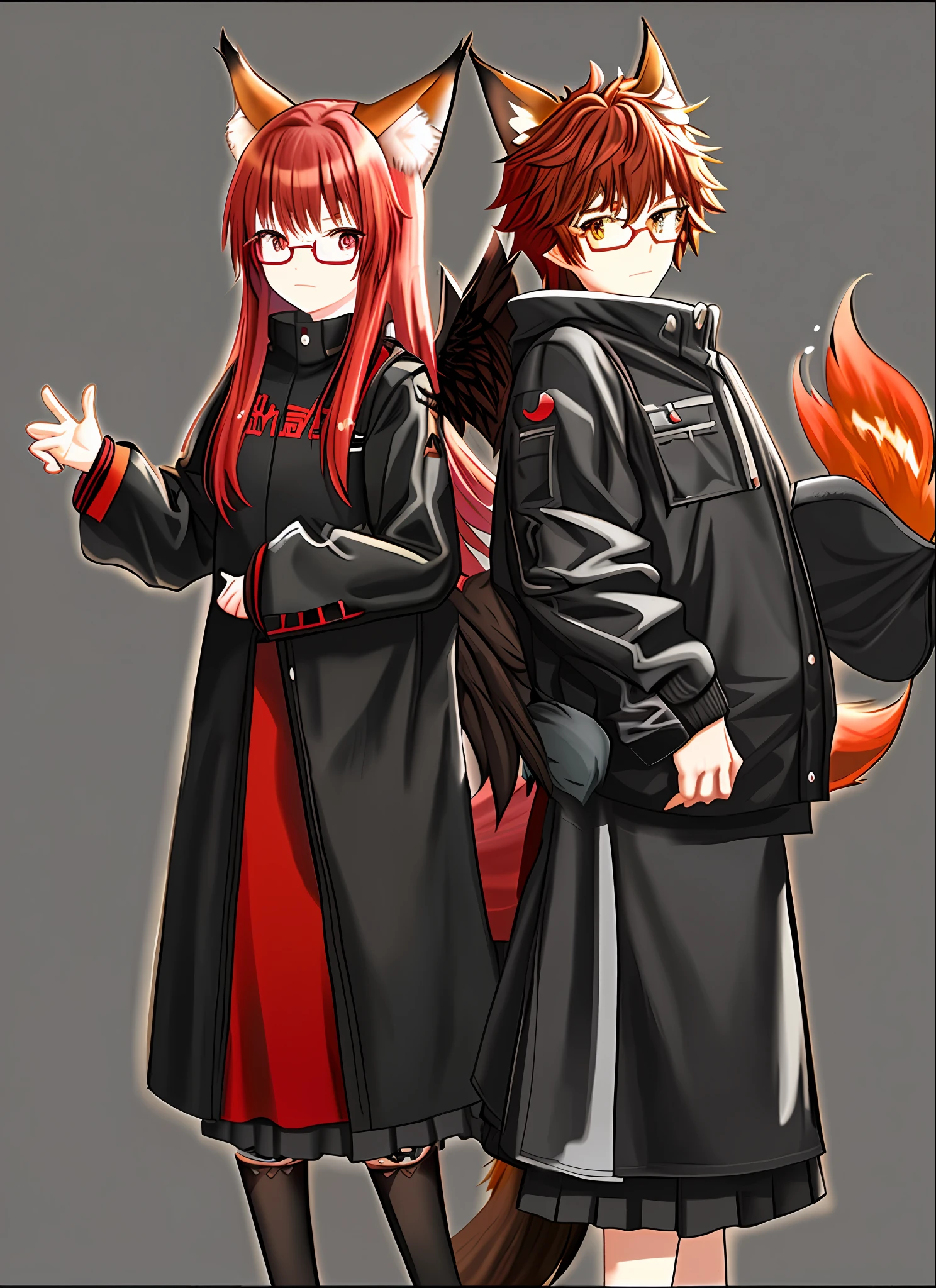 Neko, short red hair, horns, tail, fox ears, black round glasses, black wings, steals of cold, male, duo, red hair, brunette, brown eyes, short, cold clothing, horn, clip, round glasses, neko, fox ear, fox tail, red tail, red ear, angel wings, female,