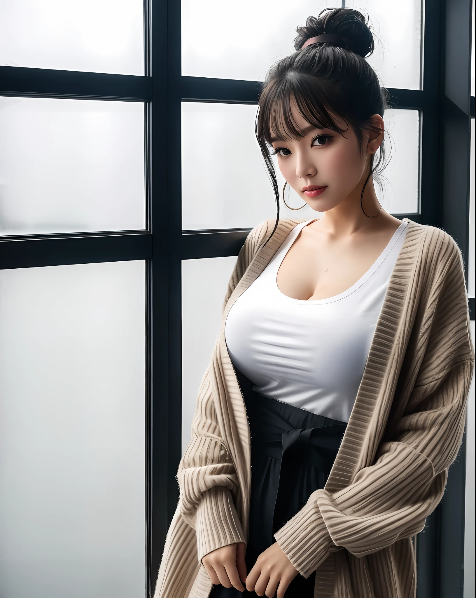 8k portrait of adult female, glancing at the window,  warm lighting, futuristic city, reflections, award-winning, Fujifilm XT6, analog, huge window, with rainy evening outside, rainy , 
after sunset, natural beauty, natural makeup, masterpiece, finely detail, waist up, aegyo sal, detailed oversized cardigan, white t-shirt, hairbun, messy hair, with dark rainy outside, ( rainy :1.2), (foggy windows:1.2), big breasts,

twilight hour, (nighttime:1.4), rainy , after sunset,
