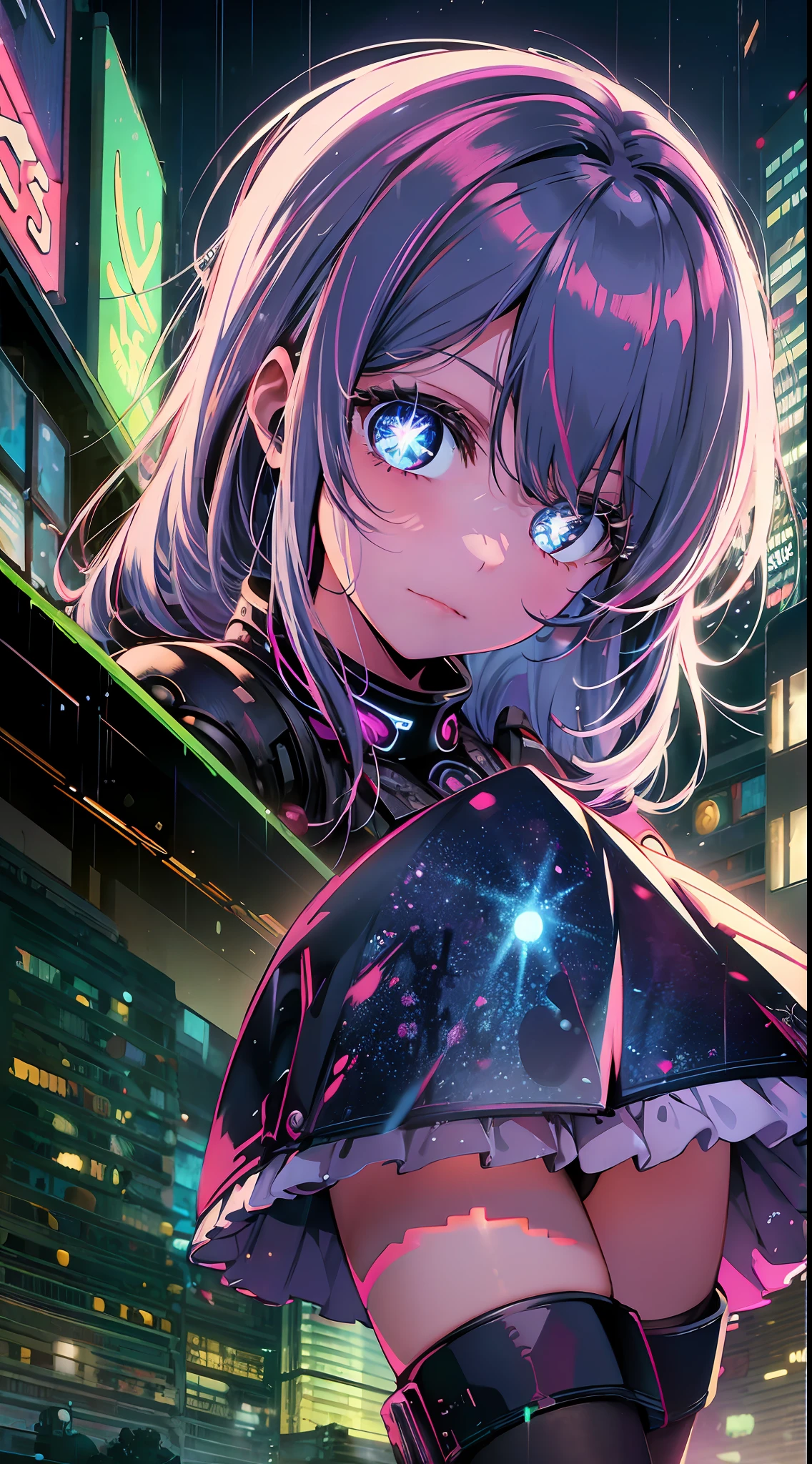 night, colorful cyberpunk city background, rain, street, maid girl, , blue eyes, white hair shining eyes, black stockings, backlit, glow, looking up audience, low angle lens, looking up lens, perfect composition, perfect light and shadow delicacy, 8k