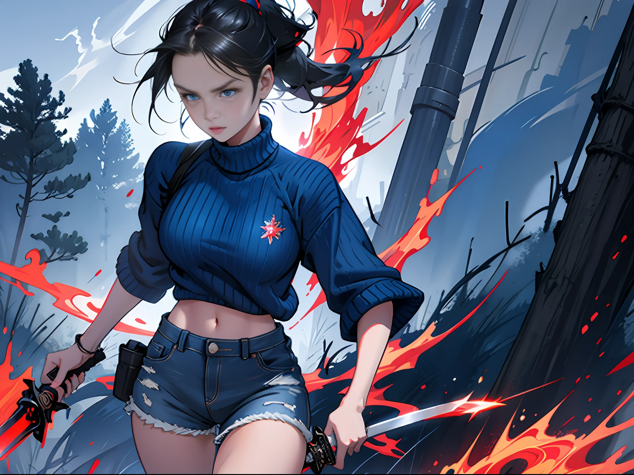 (depth detail expression, beauty of detail, generate 16K level detailed picture), a girl walking, dark blue long ponytail, wearing blue sweater denim shorts, holding a long sword, scared expression, background for trees and sky, surrounded by red flames and blue and red lightning, dynamic angles and light and shadow effects,