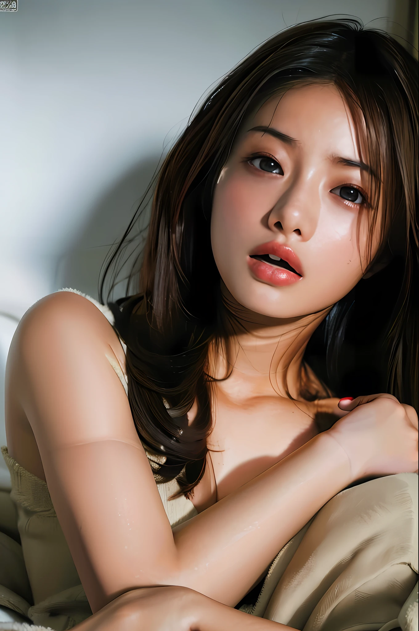 Best quality, masterpiece, ultra high res, (photorealistic:1.4), raw photo, 1girl yawning sleep in bed,, DARK hair, dramatic lighting, full body, bitch, micro bikini, small breasts, in bad