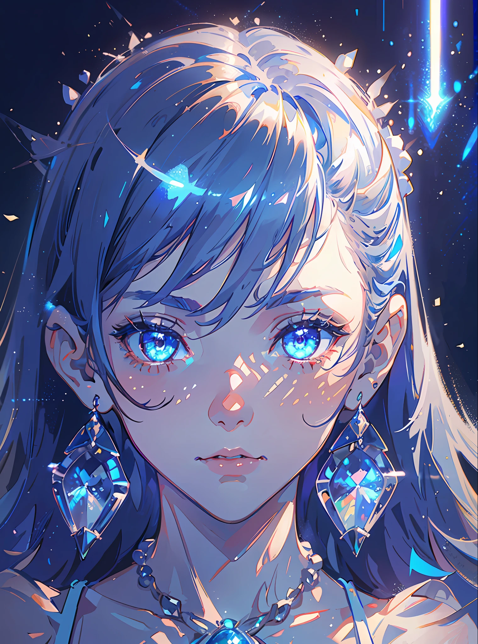 masterpiece, best quality, illustration, sax blue, platinum earrings, platinum necklace, white dress, 1girl, cute, (dynamic lighting:1.2), cinematic lighting, delicate facial features, detailed eyes, sharp pupils, realistic pupils, depth of field, bokeh, sharp focus, (hyper-detailed, bloom, glow:1.4), many small gems