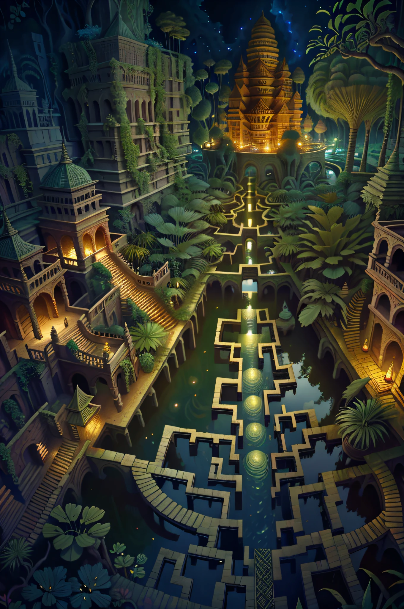 high angle, Labyrinth, hanging gardens of babylon at night, pond, mud, godrays, water lilies, reeds, fireflies, vivid color, three point perspective, cinematic lighting, intricate detail