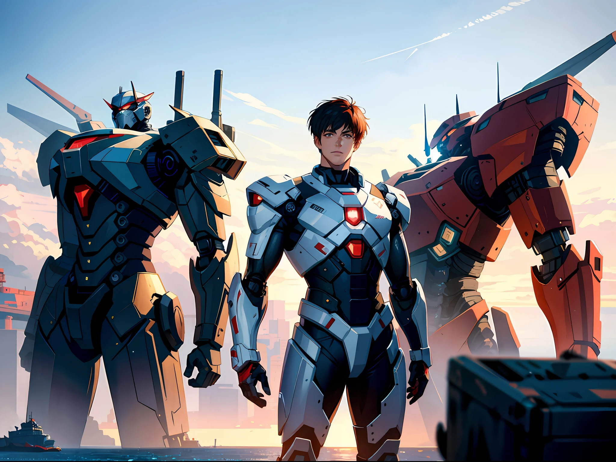 High resolution, highest quality, illustration, super detailed, a handsome young man in a white mobile combat suit, standing by the harbor, behind him stands a huge red mech, Pacific Rim robot