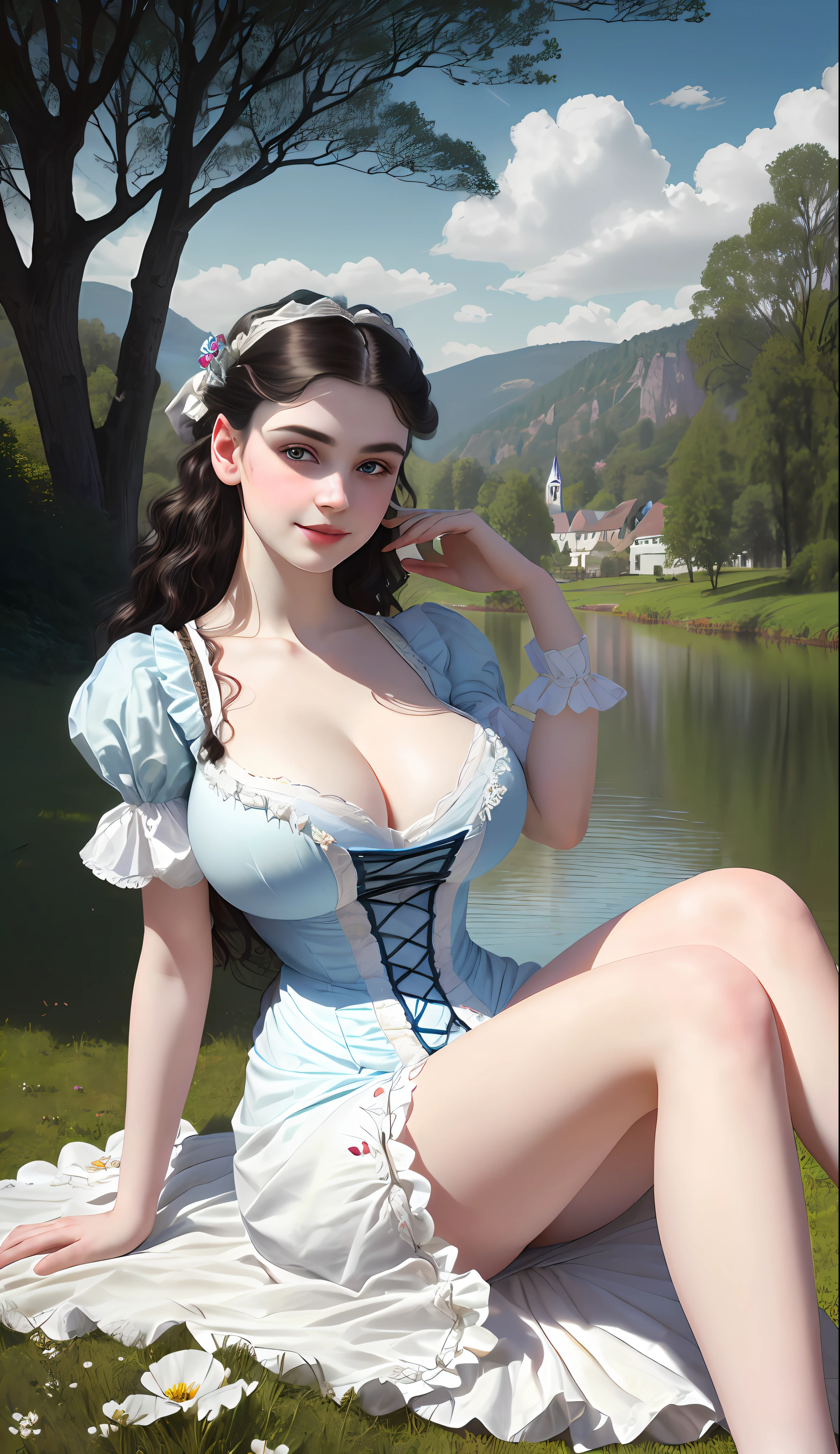 RAW photo,(realistic, photo- realistic:1.37),(best quality:1.2),(detailed),(PureErosFace_V1:0.4), (Solo:1.3),(20 years old Victorian girl:1.4),smile,(Lovely Huge Breasts:1.4), santa dress,black Hair,Long Eyelashes,(lake victoria:1.3),((sitting on ground,legs apart,arms up)), trees,grass, flowers,bridge, boat,clouds,blue sky,apple,picnic,BREAK,pale skin, (perfect eyes:1.3),cinematic light, ultra high res, 8k uhd, film grain, perfect anatomy, exquisitely detailed skin, best shadow, delicate,Portrait Of Beautiful Victorian Girl,colourful, distinct_image, extremely detailed CG,realistic human-like photo