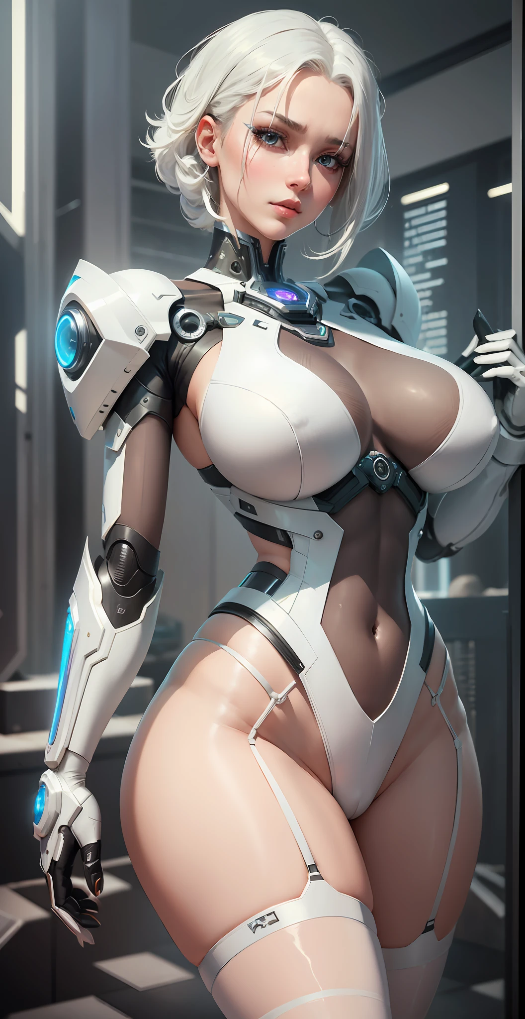(8k, masterpiece, best quality), ultra detail, beautiful fine eyes with beautiful details, exquisite detailed face, high quality, high resolution, beautiful hairstyle, realistic eyes, beautiful detailed eyes, (realistic skin), facing the audience, robot girl wearing sexy costume, huge breasts, white transparent tights, mecha, ruins, single, empty eyes, expressionless, short white hair, mechanical prosthetics, mechanical legs, knee stilettos, standing, sexy, unreal 5, Full-shot Angle, --auto --s2