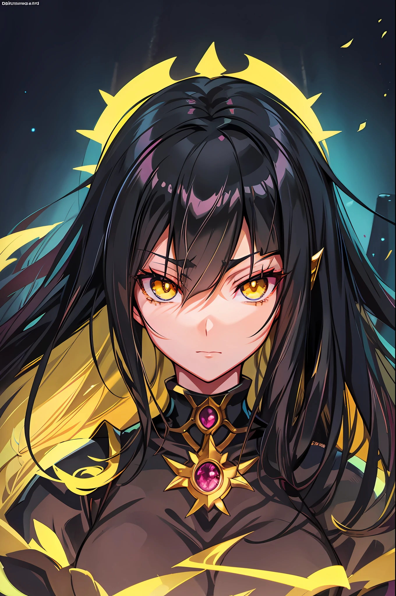 anime image of a woman with long black hair and yellow eyes, vanitas, black anime pupils in her eyes, close up of a young anime gir, cel shaded anime, with glowing yellow eyes, close up, anime still image, anime still
