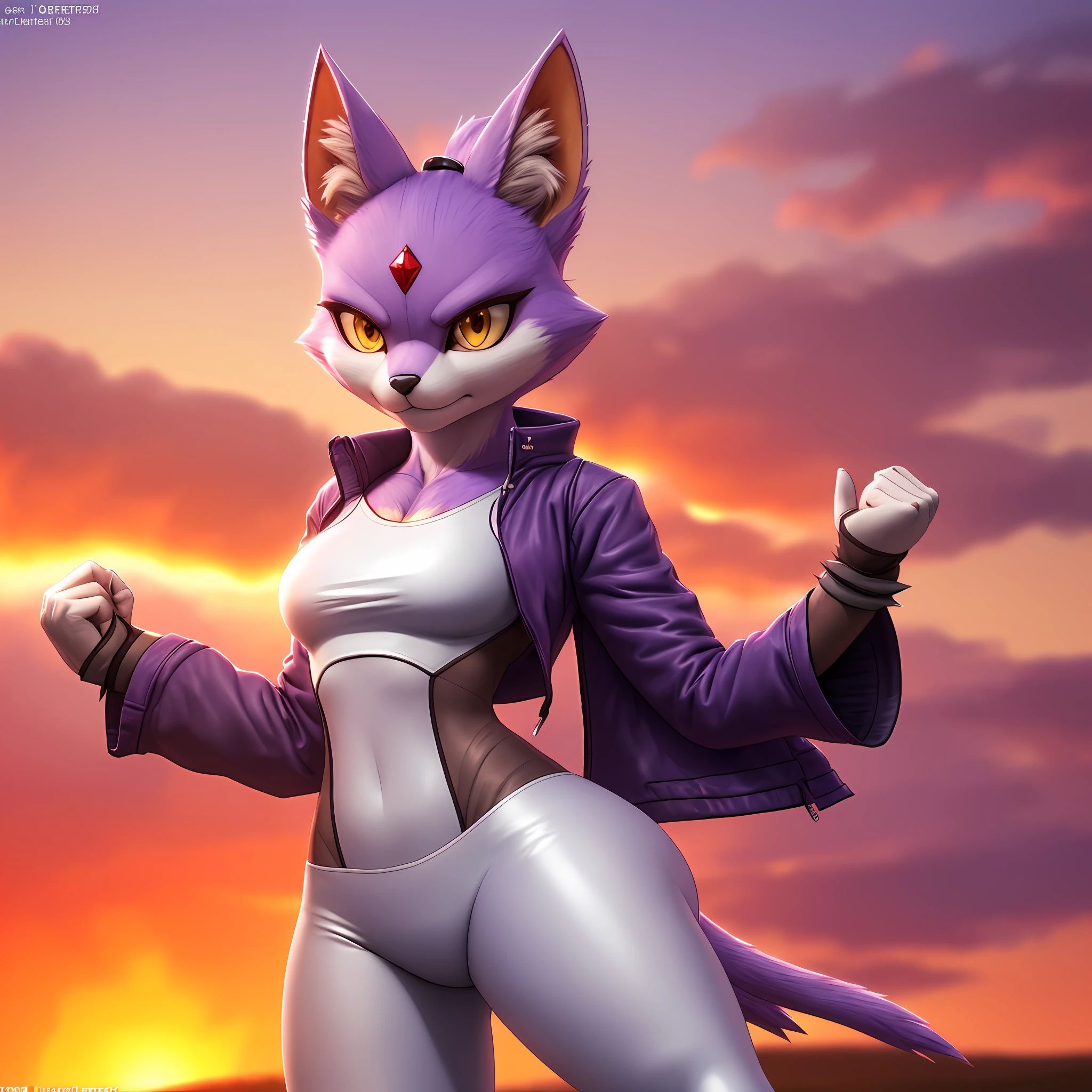 [Blaze the Cat], [Uploaded to e621.net; (Pixelsketcher), (twistedterra), (napalm_express)], ((masterpiece)), ((solo portrait)), ((1girl)), ((raw photo)), ((furry; anthro)), ((detailed fur)), ((raytracing)), ((detailed shading)), ((beautiful 3D art)), {anthro cat; (lavender-colored fur, black nose, cat ears), beautiful yellow eyes, red diamond on forehead, spiky ponytail, angry glare, (purple trench coat, white leggings)), red high heel boots}, (standing, attractive pose), [background; grass plains; (surrounded by fire, sunset)]