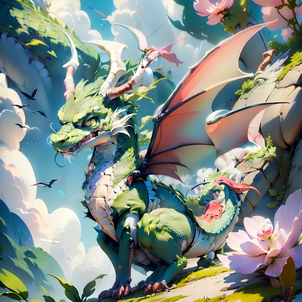Dragon, fly in the sky, white, cartoon, cute, pink