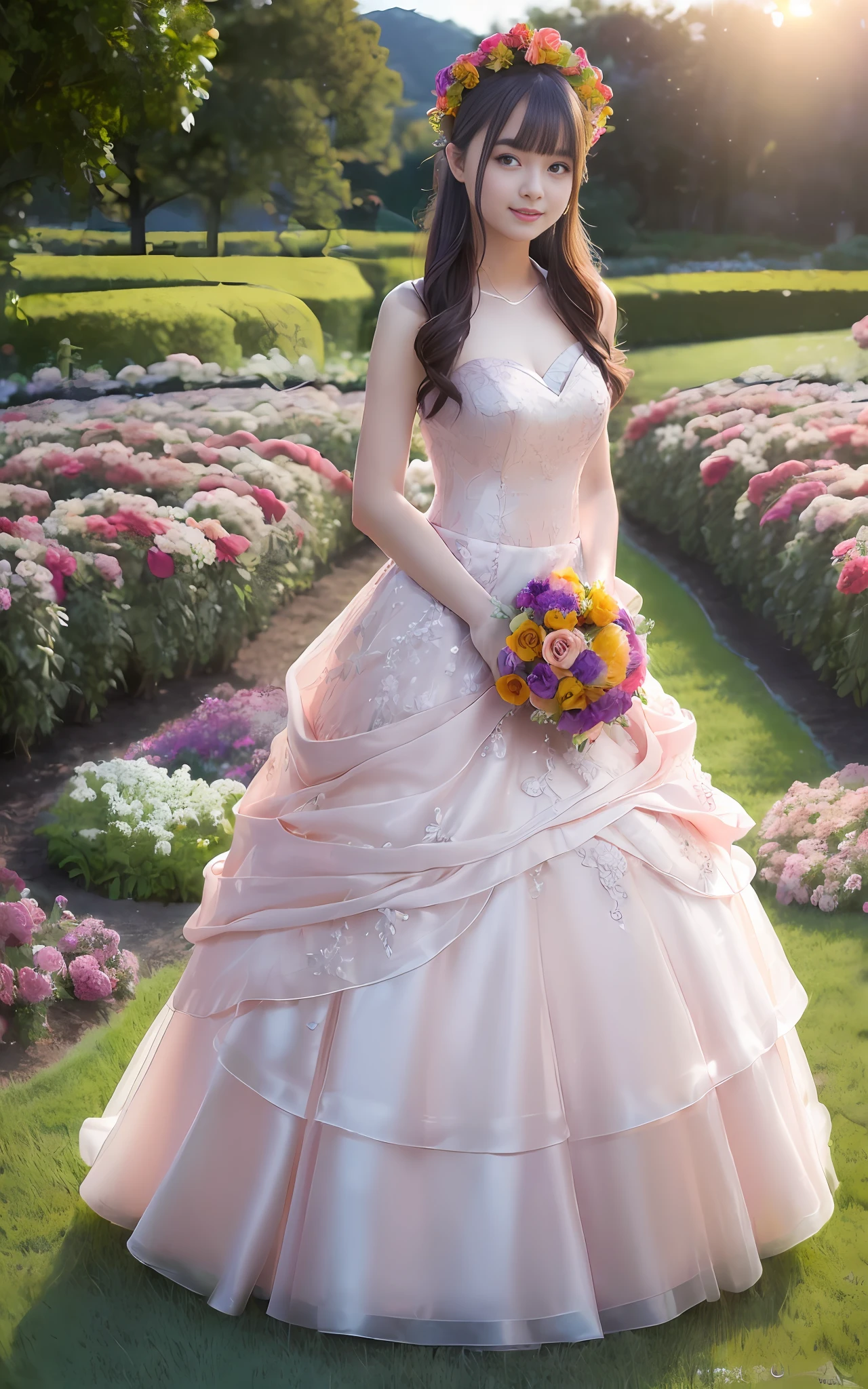 (((((Full body photo)))),((Slim body)))),20 years old, twilight rays, rose-patterned wedding dress, flower crown, (((Tokugawaen))), rose front bokeh, bokeh, photorealistic, surrounded by colorful roses, ((smiling)))))), (1 girl), (sunset:1.3), (8k, RAW photo, best quality, masterpiece:1.2), (real, Photorealistic:1.37), Best Quality, Ultra High Definition, (Standing in the Flower Garden:1.3), (Vibrant and Colorful:1.3)