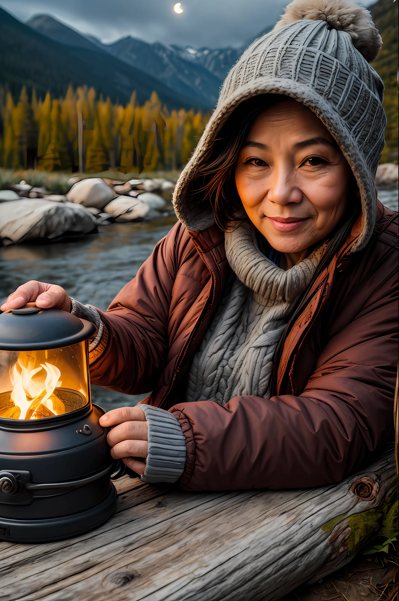 1 Asian woman ((selfie of upper body, happy)), masterpiece, top quality, super detail, ground, outdoor, (night), mountain, nature, (stars, moon) cheerful, happy backpack, sleeping bag, camping stove, water bottle, mountain boots, gloves, sweater, hat, lantern, forest, rock, river, wood, smoke, shadow, contrast, clear sky, style, (warm shades, warm tones): 1.2) Close-up, cinematic light, side lighting, ultra high resolution, best shadows, RAW, upper body, old man, wearing a pullover