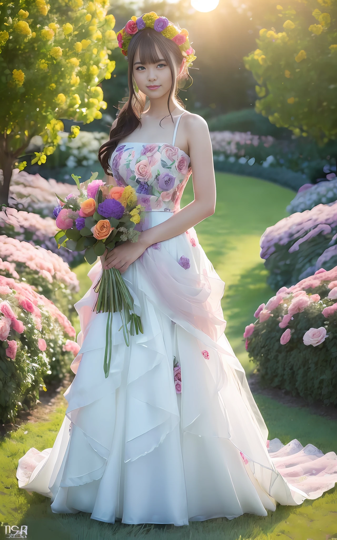 (((((Full body photo)))),((Slim body)))),20 years old, twilight rays, rose-patterned wedding dress, flower crown, (((Tokugawaen))), rose front bokeh, bokeh, photorealistic, surrounded by colorful roses, ((smiling)))))), (1 girl), (sunset:1.3), (8k, RAW photo, best quality, masterpiece:1.2), (real, Photorealistic:1.37), Best Quality, Ultra High Definition, (Standing in the Flower Garden:1.3), (Vibrant and Colorful:1.3)