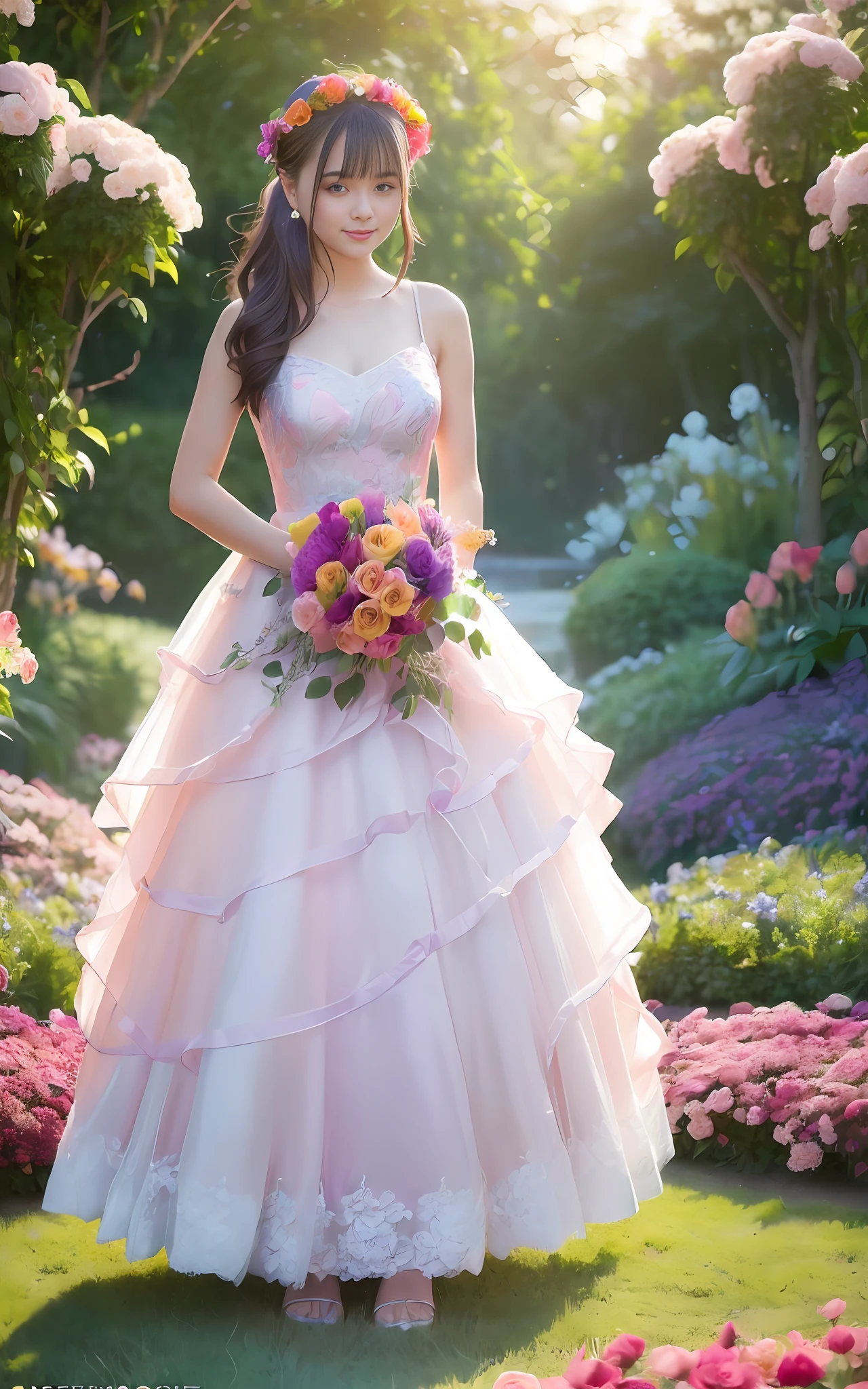 (((((Full body photo)))),((Slim body)))),20 years old, twilight rays, rose-patterned wedding dress, flower crown, (((Tokugawaen))), rose front bokeh, bokeh, photorealistic, surrounded by colorful roses, ((smiling)))))), (1 girl), (sunset:1.3), (8k, RAW photo, best quality, masterpiece:1.2), (real, Photorealistic:1.37), Best Quality, Ultra High Definition, (Standing in the Flower Garden:1.3), (Vibrant and Colorful:1.3)