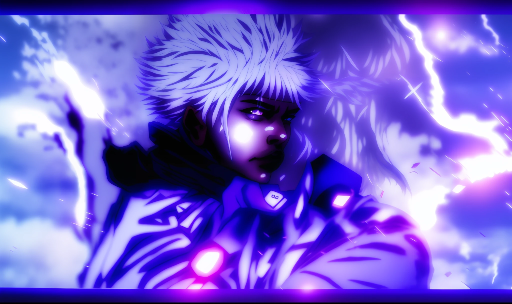anime character with white hair and a white wig in a purple background, killua zoldyck portrait, killua zoldyck, as a character in tekken, trigger anime artstyle, killua zoldyck black hair, afro samurai anime style, inspired by Urakusai Nagahide, fan art, afro samurai style