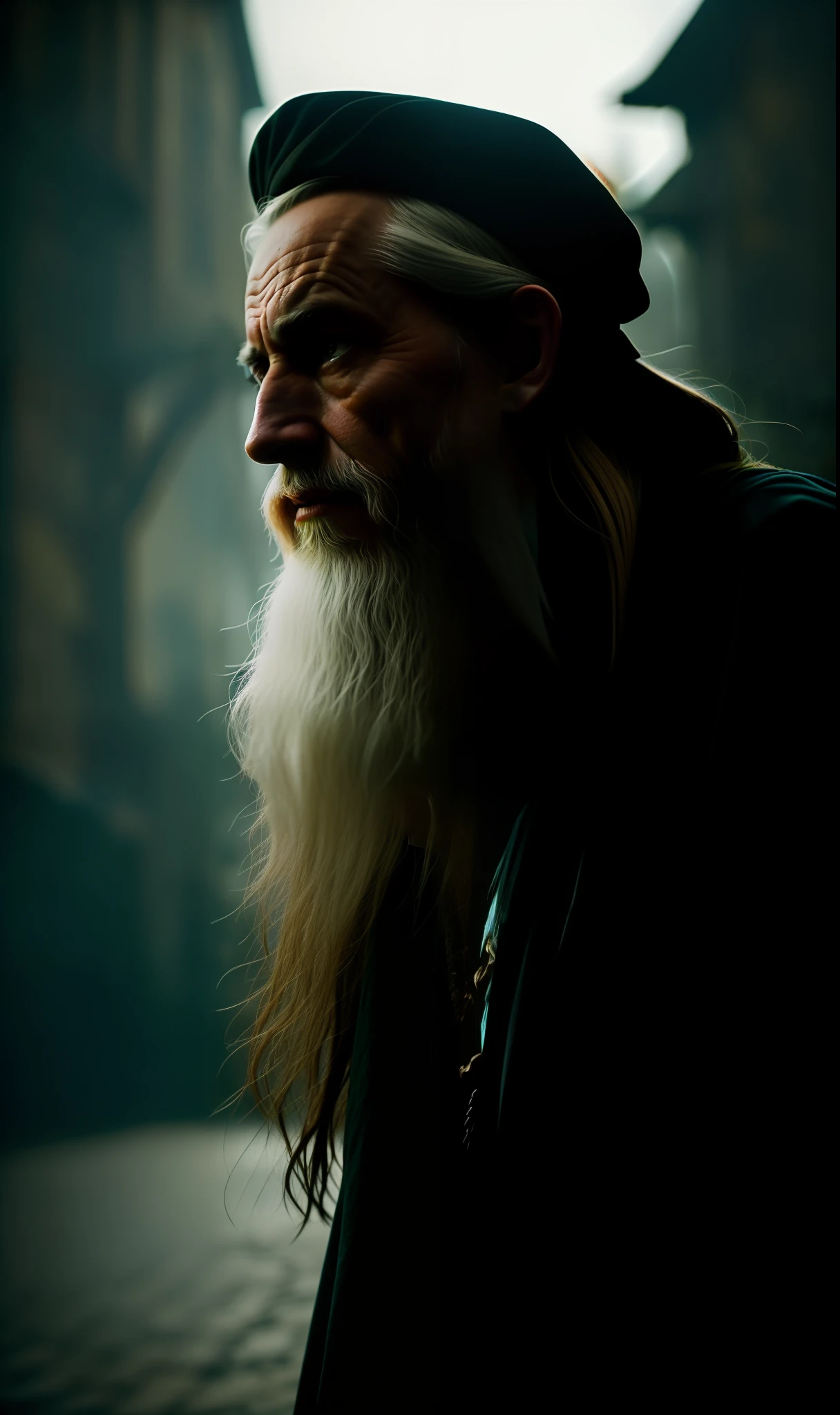 Abstract colors, punk fashion, texture, film grain, skin pores: 0.1 Hasselblad DSLR RAW photo, backlit intricate dramatic portrait of old bearded wizard casting spell standing in medieval fantasy city (cobblestone street) 1.2, foggy morning, Shanara Chronicles LOTR Gandalf Hobbit Willow Concept Art Anna Ditman Magali Villeneuve Marc Simonetti, Cinematic Stills in Film, (Analog Style) 1.3 (Film Grain) 1.3