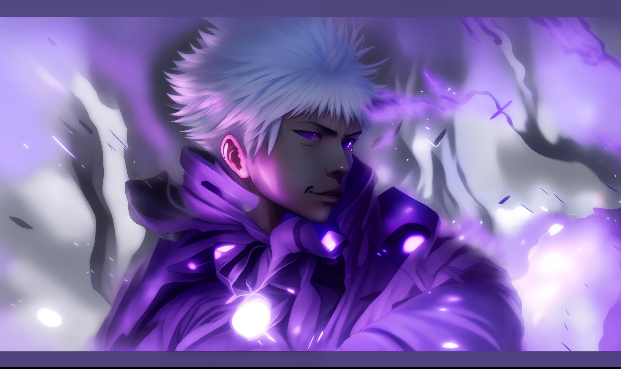 anime character with white hair and a white wig in a purple background, killua zoldyck portrait, killua zoldyck, as a character in tekken, trigger anime artstyle, killua zoldyck black hair, afro samurai anime style, inspired by Urakusai Nagahide, fan art, afro samurai style