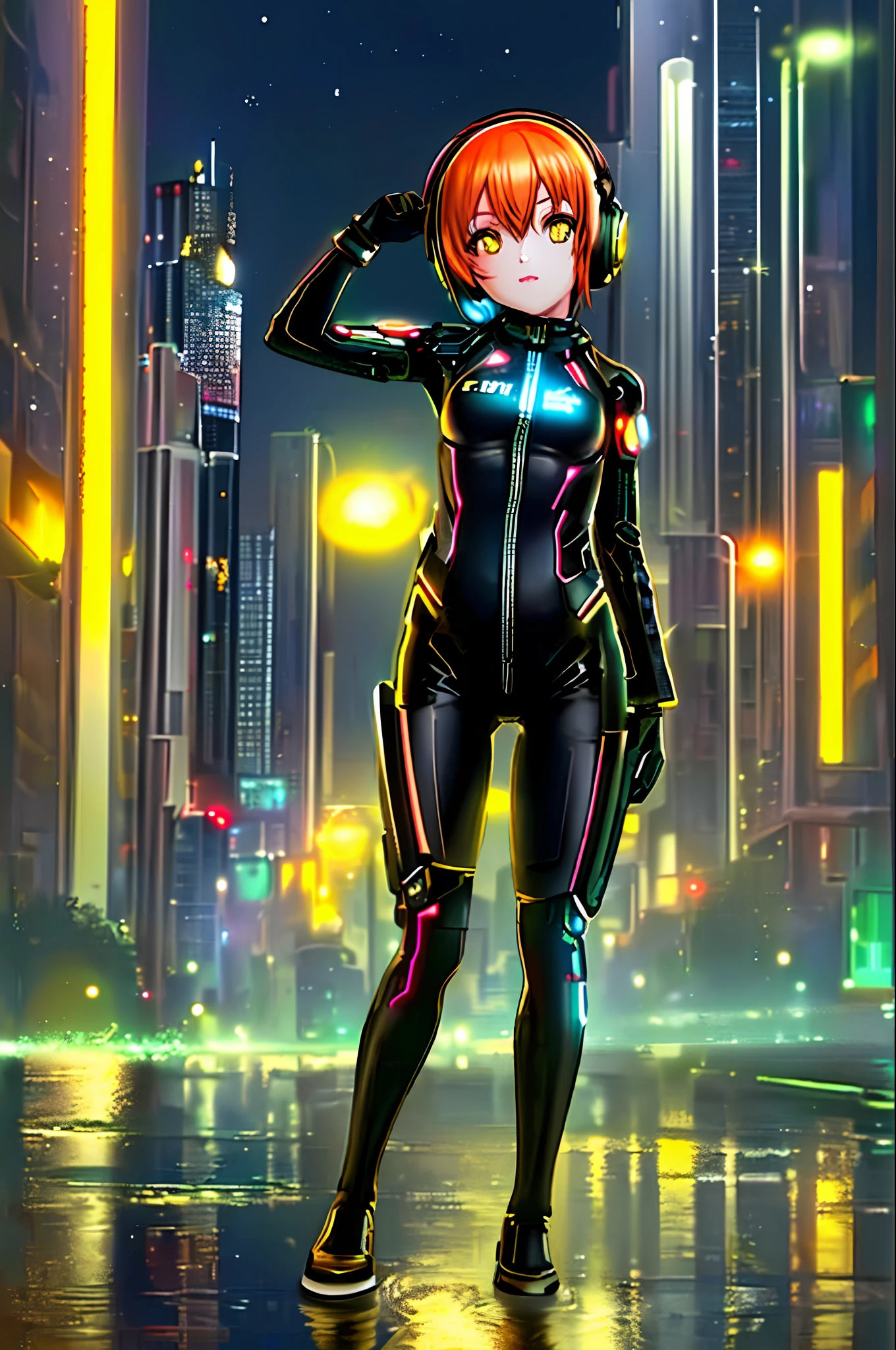 ((masterpiece,best quality)), (cyberpunk,night sky, night,cinematic lighting,extremely detailed :1.3), 1girl, ((solo)),((extremely detailed CG unity 8k wallpaper)),((bodysuit)), hoshizora_rin,((small breasts)), short hair, detailed background,  yellow eyes, orange hair, ((nsfw)),cyberpunk city, neon lights, LED, colorful, (outdoors:1.2), looking back, ass,  fantasy, cityscape, ((illustration)),digital art, digital illustration, 4k, trending on artstation, cinematic, agfacolor,(Lighting headphones), ((depth of field)),water, ((night)), reflection, puddle,