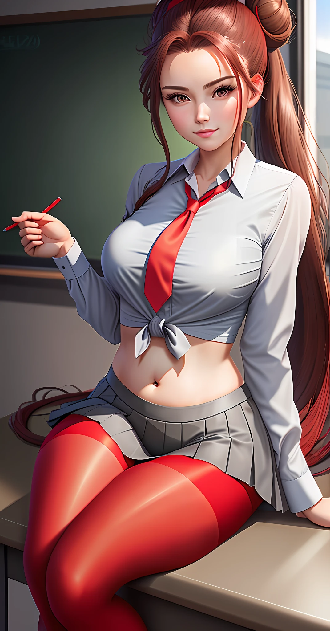 16k, Hyperrealistic, masterpiece, high detail, best quality, beautiful woman, gray school girl outfit with red tie, anime style, long brown hair styled with a high bun and low ponytail ((on each side of the head)), sheer ((red tights)), full body, forward facing, short gray skirt, large boobs, college girl, sitting on teachers desk in front of chalkboard, legs spread apart from each other, loose tie, unbuttoned shirt, heels, sexy, flirtatious, facing camera, lifting up skirt revealing blank panties, (belly button piercing), pointed seen through shirt