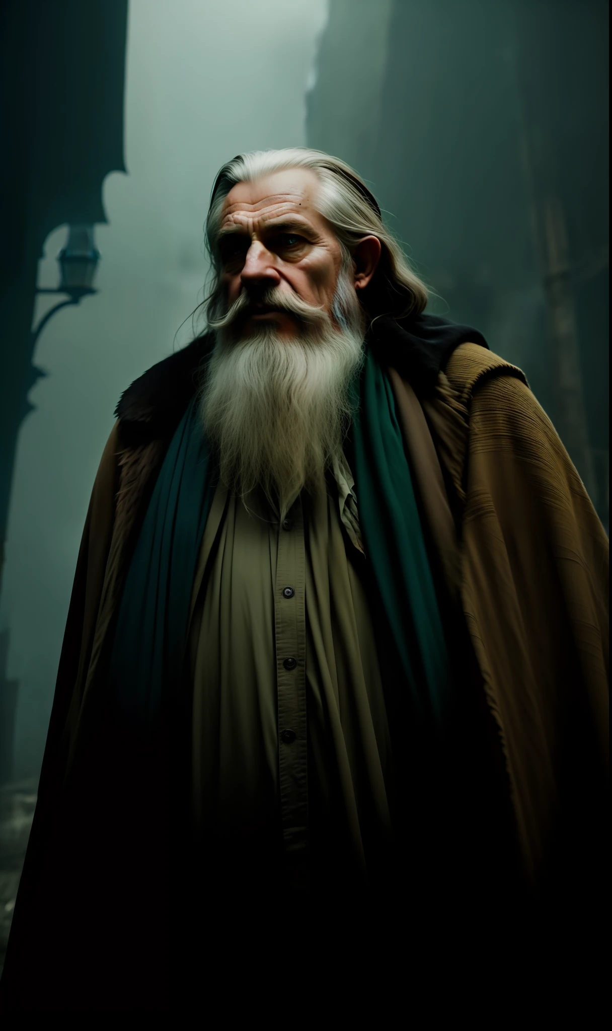 Abstract colors, punk fashion, texture, film grain, skin pores: 0.1 Hasselblad DSLR RAW photo, backlit intricate dramatic portrait of old bearded wizard casting spell standing in medieval fantasy city (cobblestone street) 1.2, foggy morning, Shanara Chronicles LOTR Gandalf Hobbit Willow Concept Art Anna Ditman Magali Villeneuve Marc Simonetti, Cinematic Stills in Film, (Analog Style) 1.3 (Film Grain) 1.3