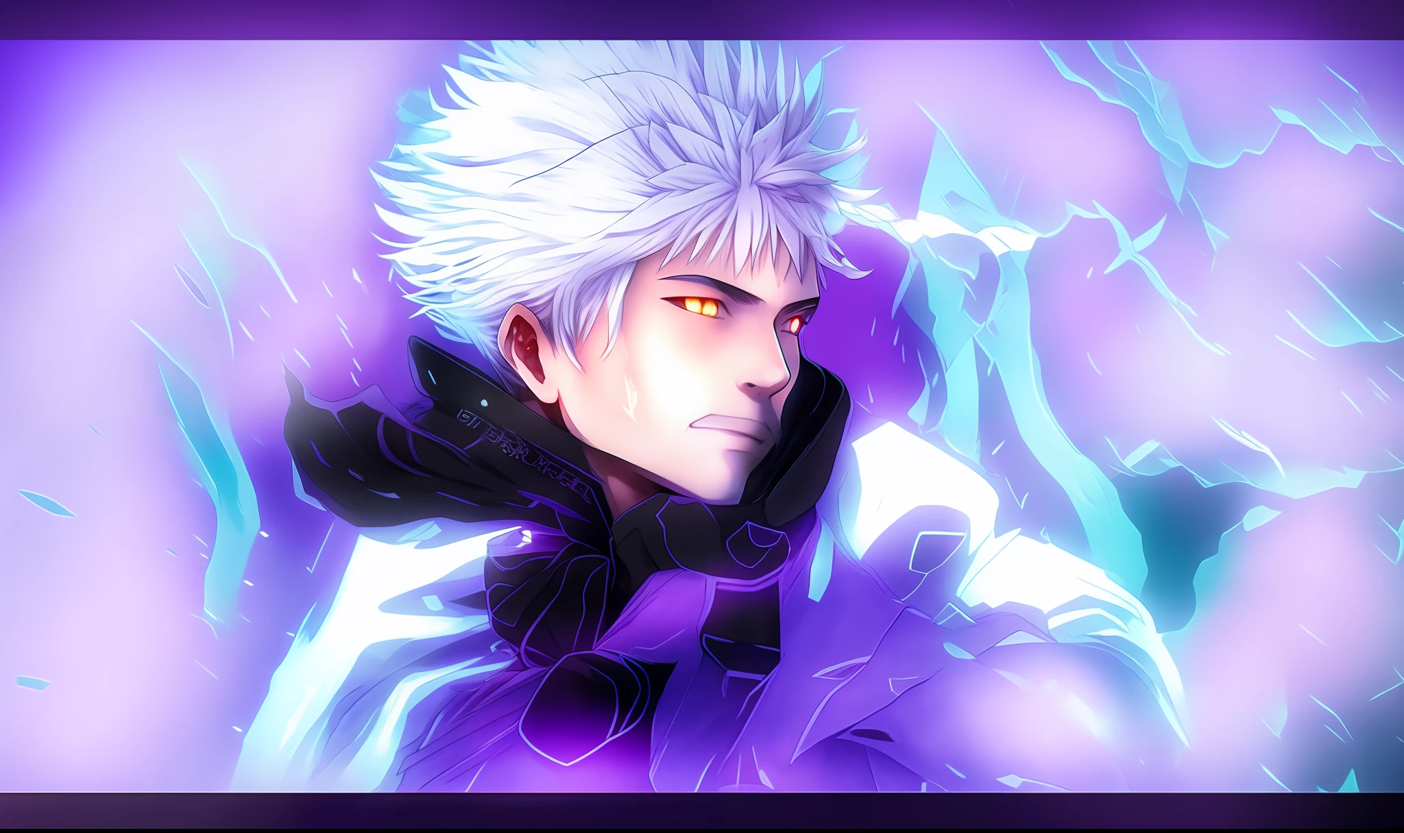 anime character with white hair and a white wig in a purple background, killua zoldyck portrait, killua zoldyck, as a character in tekken, trigger anime artstyle, killua zoldyck black hair, afro samurai anime style, inspired by Urakusai Nagahide, fan art, afro samurai style