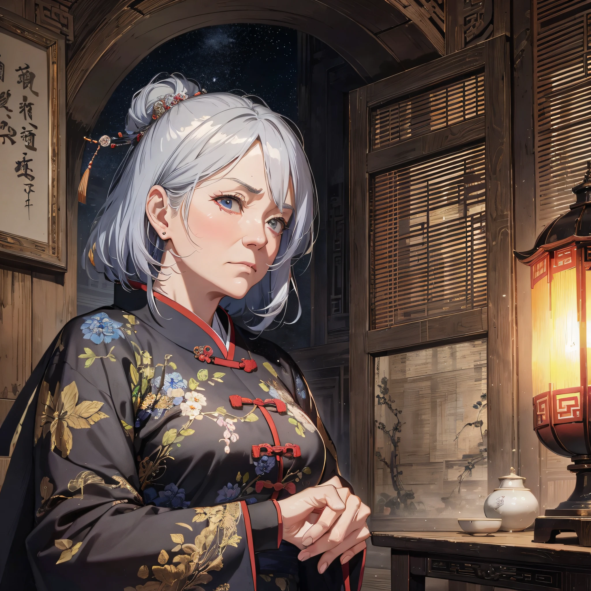 Absurd resolution, high resolution, (masterpiece: 1.4), hyper-detail, night, ancient China, mansion, gray-haired eighty-year-old female old man (1.5) sad expression