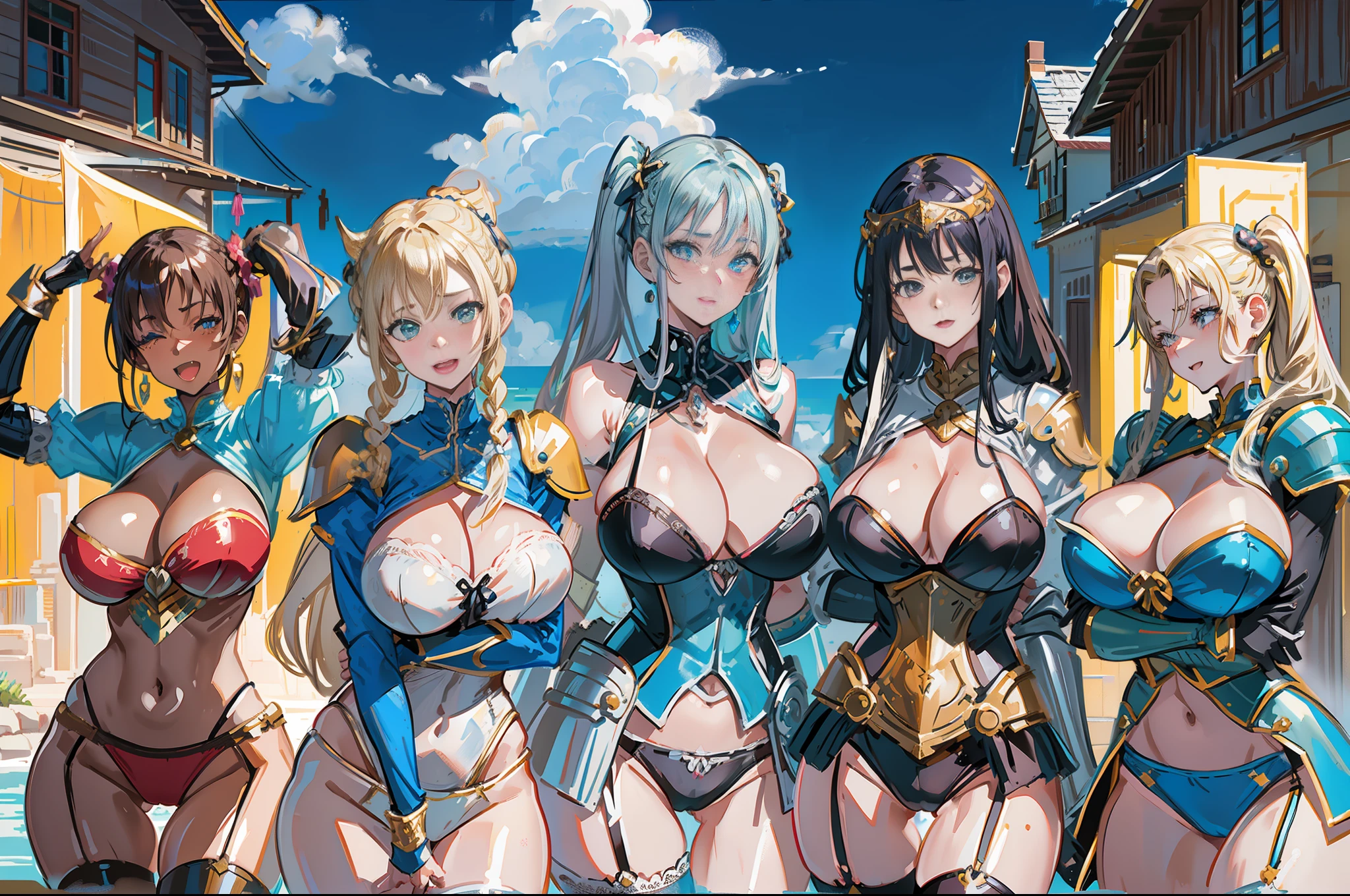 (masterpiece), maximum quality, (Colorful:1.1), (5 girls, group shot:1.4), (slim body:1.1), (huge tits:1.5), (dark skin:1.1), (muscles:1.1), blonde  hair, Silver hair, Twin tails, braid, forehead, (leaning forward:1.4), (Open your mouth, happy smile:1.1), (wink:1.2), peace sign, (Jewelry, Knight's Armor, Complex Leotard with Sleeves, Leotard Armor, Bikini Armor:1.2), garter belt, cowboy Shot, medieval town, outdoors