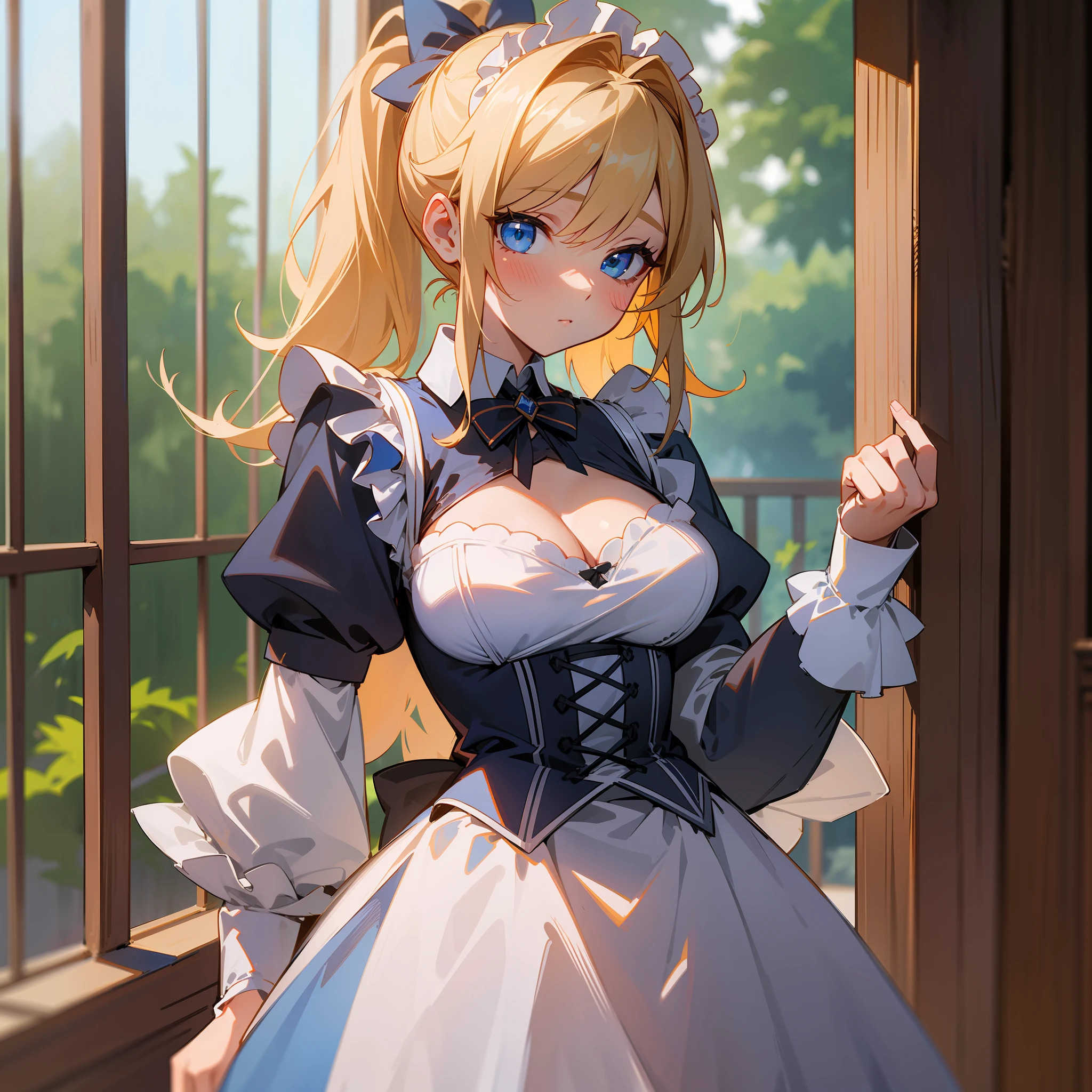 ((8k, masterpiece, highest quality)), super high resolution, best shadows, illustrations, high detail, very detailed, solo, blonde hair, beautiful hair, blue eyes, beautiful eyes, light maid clothes, detailed maid clothes, ruffles, underwear show through, cute, half up ponytail, medium chest, cleavage, slender, beautiful body, shy, blush, constricted, upper body, cowboy shot,line,