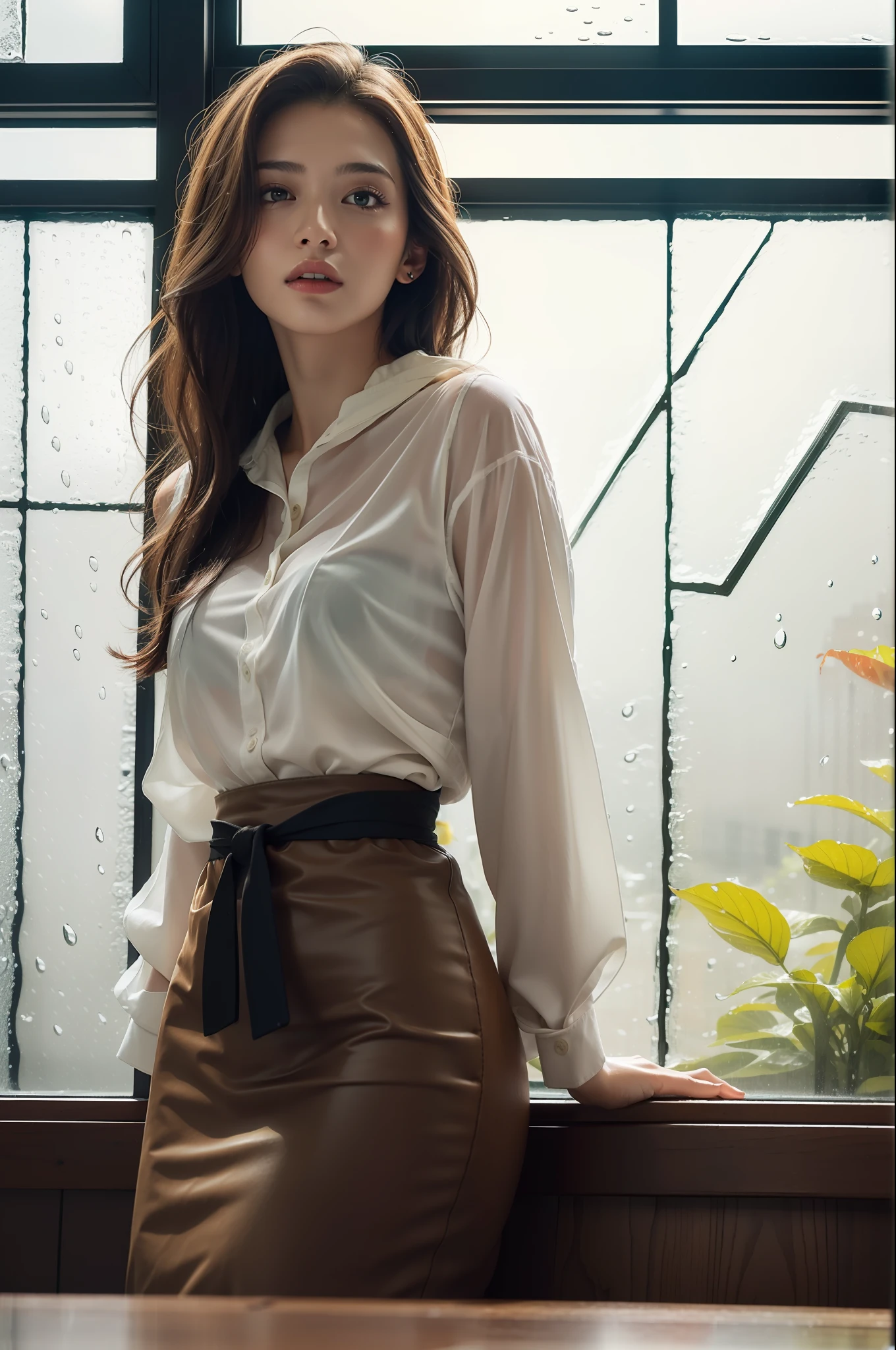 Best quality, masterpiece, (photorealistic:1.4), 1girl, waist up, in coffeeshop, with rainy outside,rainy,(rainy :1.2), (foggy windows:1.2),rainy