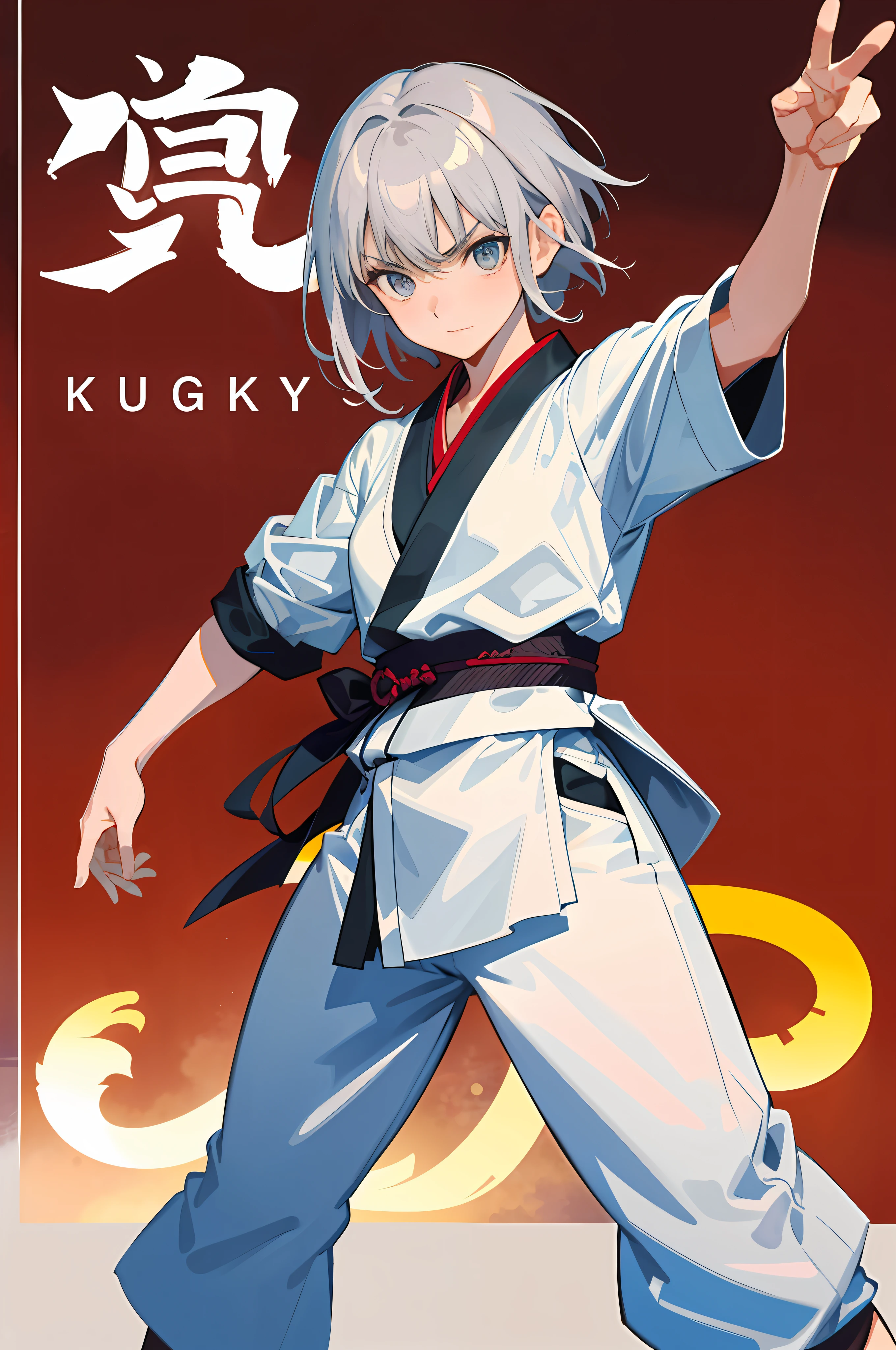 (High Quality: 1.5), Japan people, 1 woman, Martial artist, Gray hair, Short hair, Hair tied in one, Cool, Serious eyes, Karate stance, (Small), High school girl, No letters, Tiger in the background, Clothes are wearing dogi arms