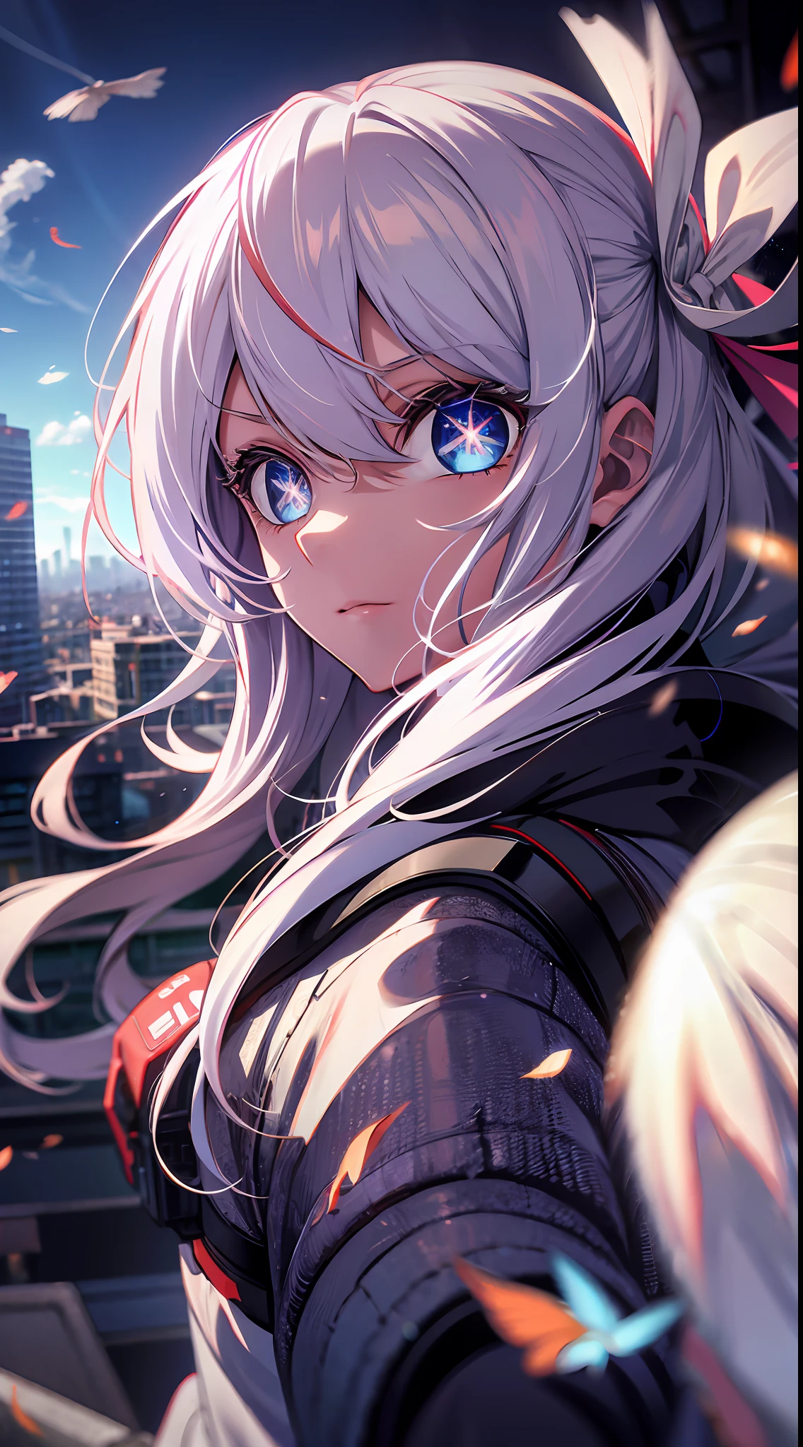 white hair, glowing eyes, blue eyes, long hair fluttering in the wind, perfect composition, fisheye, 8K, sniper rifle