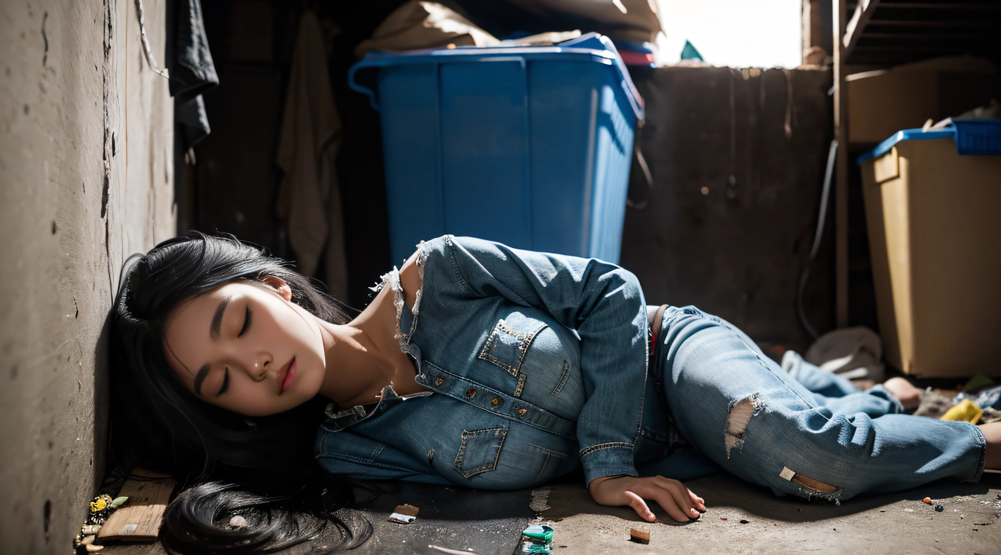 A young woman, approximately 20 years old. she has black hair and black eyes. she is wearing worn-out clothes with holes, and she is sleeping in a dirty corner of a basement. the surroundings are scattered with garbage and excrement. the woman is in a deep sleep.