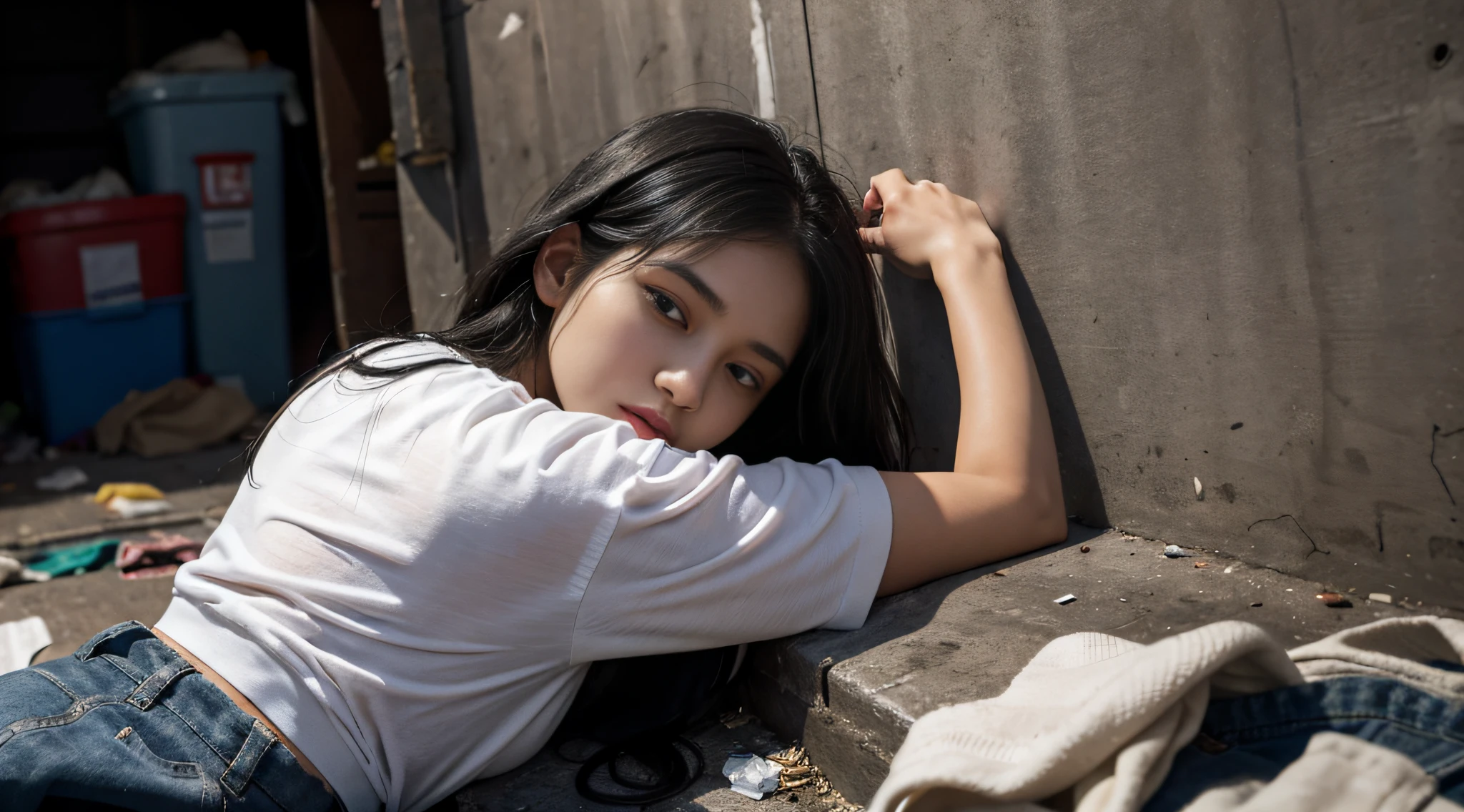 A young woman, approximately 20 years old. she has black hair and black eyes. she is wearing worn-out clothes with holes, and she is sleeping in a dirty corner of a basement. the surroundings are scattered with garbage and excrement. the woman is in a deep sleep.