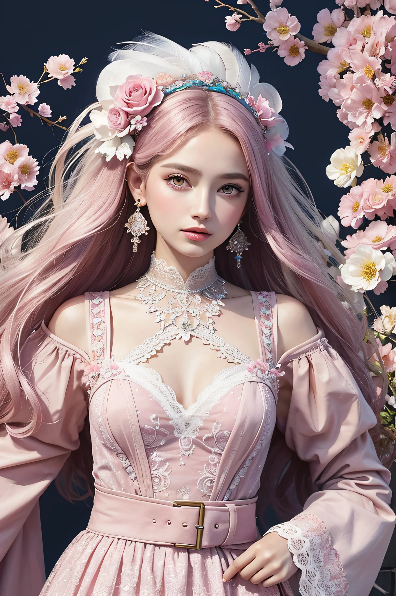 (Masterpiece, Top Quality, Best Quality, Official Art, Beauty and Aesthetics: 1.2), (1girl: 1.3), Very Detailed, (Fractal Art: 1.1), (Color: 1.1) (Flowers: 1.3), Most Detailed, (Zentangle: 1.2), Full Body, (Abstract Background: 1.3), (Shiny Skin), (Many Colors: 1.4), ,( earrings), (feathers: 1.5), 25-year-old female, Ukrainian, white lace skirt. Pink clouds and the Eiffel Tower in the background.