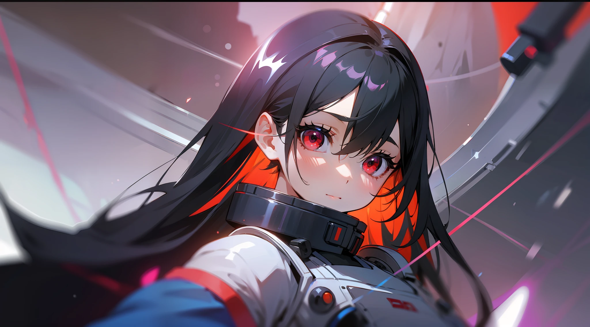 1girl, flat chest, cute, beautiful and detailed eyes, life on the space station, mirror props, shiny hair, visible through hair, hair between the eyes, white monochrome, , Soviet Union, communism, black hair, red eyes, vampires, girl, poor breasts, space suit: blurred foreground, HD, depth of field, bokeh, bust, medium shot, 56mm lens