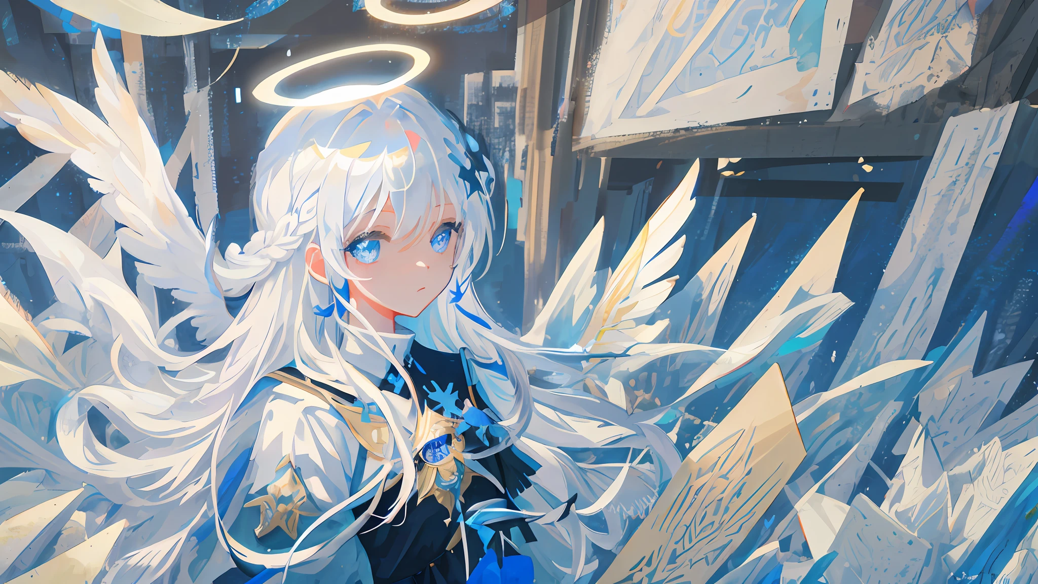 MKSKS style, masterpiece, best quality, super detailed, illustration, direct, face focus, 1girl, white hair, blue eyes, long hair, halo, angel wings, calm expression, looking at the viewer, far away, middle bangs