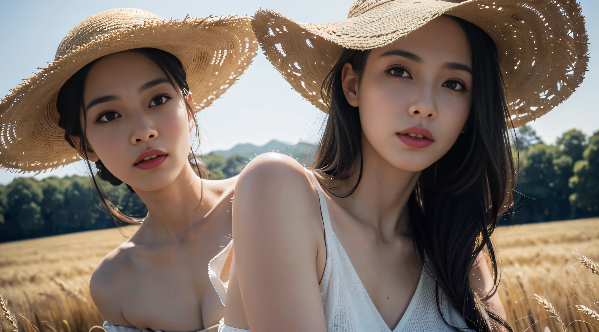 (raw photo:1.3), (photorealistic:1.3), masterpiece, wide shot of a woman wearing a white dress and a straw hat stands in a golden wheat field, cinematic lighting, depth of field, hyper photo realistic, ultra details, epic realistic, hyperdetailed, cinematic, intricate details, sharp focus face, highly detailed cinema, photo realistic, ultra details, natural light