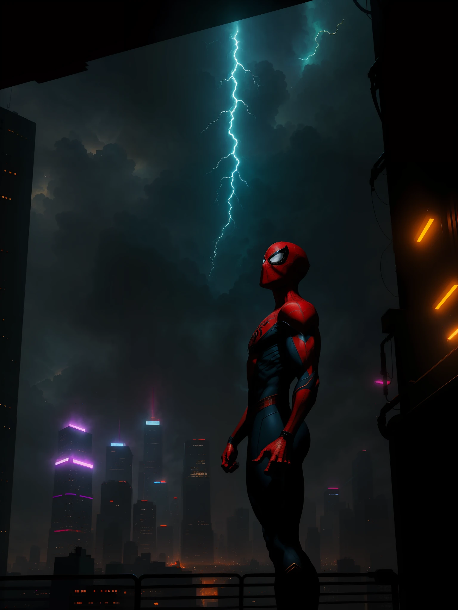 Scene from the movie, Spider-Man from Marvel, extremely detailed, futuristic cityscape, neon lights, glowing colors, backlight, glowing outlines, outline, gold highlights, lightning in the background, storm, tornado, surround light