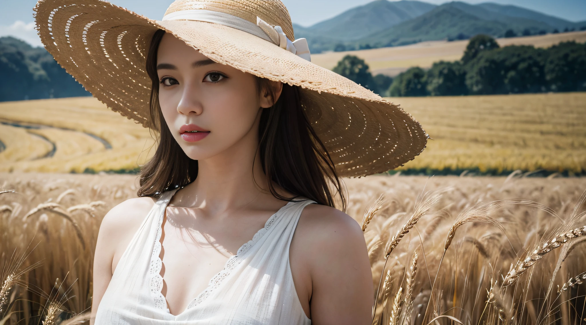 (raw photo:1.3), (photorealistic:1.3), masterpiece, wide shot of a woman wearing a white dress and a straw hat stands in a golden wheat field, cinematic lighting, depth of field, hyper photo realistic, ultra details, epic realistic, hyperdetailed, cinematic, intricate details, sharp focus face, highly detailed cinema, photo realistic, ultra details, natural light