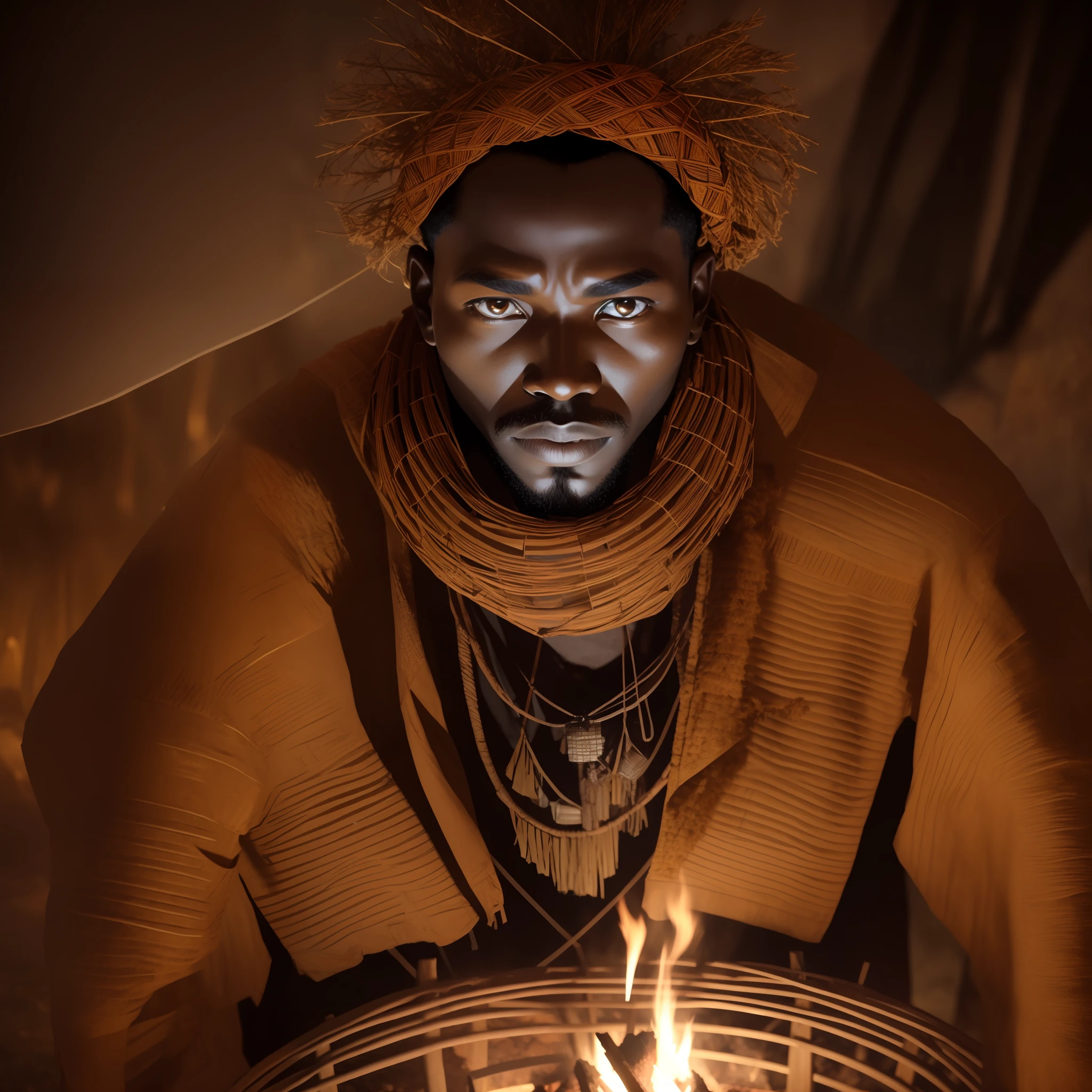 "Young man of African ethnicity, tense climate, dark night, incredible campfire, mysterious shadows, striking facial expression, traditional dress, structure of the highlighted objects, warm and dark tones, marked and detailed textures."