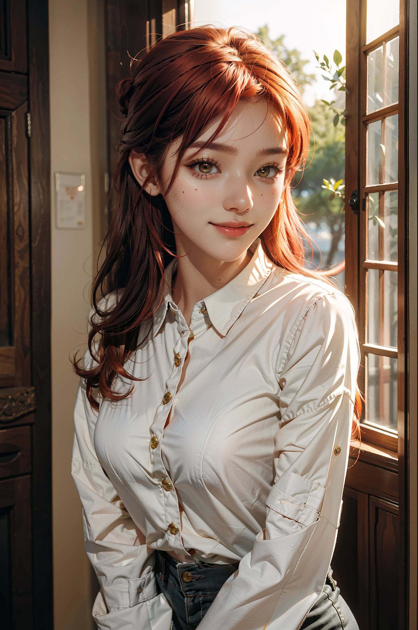 Best Quality, Masterpiece, Ultra High Resolution, 1girl, Machima, Glowing Skin, Light Smile, Redhead,