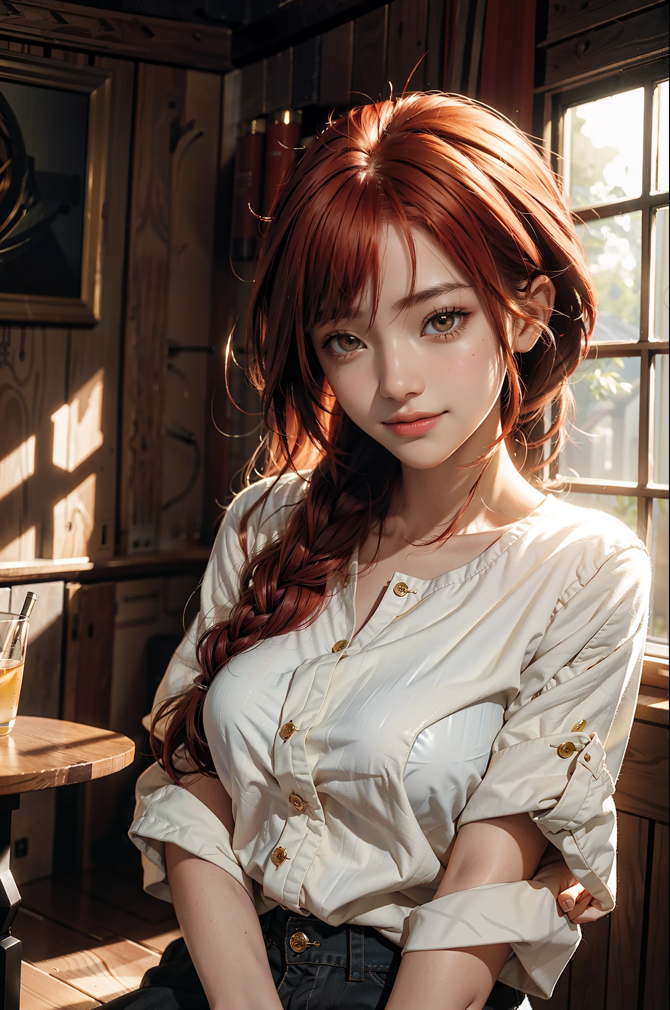Best Quality, Masterpiece, Ultra High Resolution, 1girl, Machima, Glowing Skin, Light Smile, Redhead,
